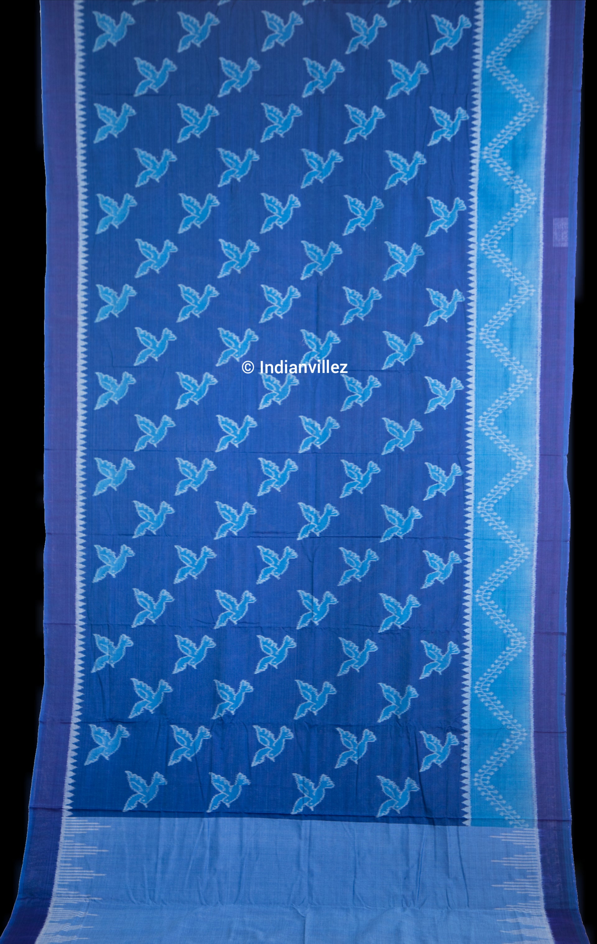 Indigo Blue Violet Bird Cotton Sambalpuri Ikat Odisha Handloom Saree - Indianvillez