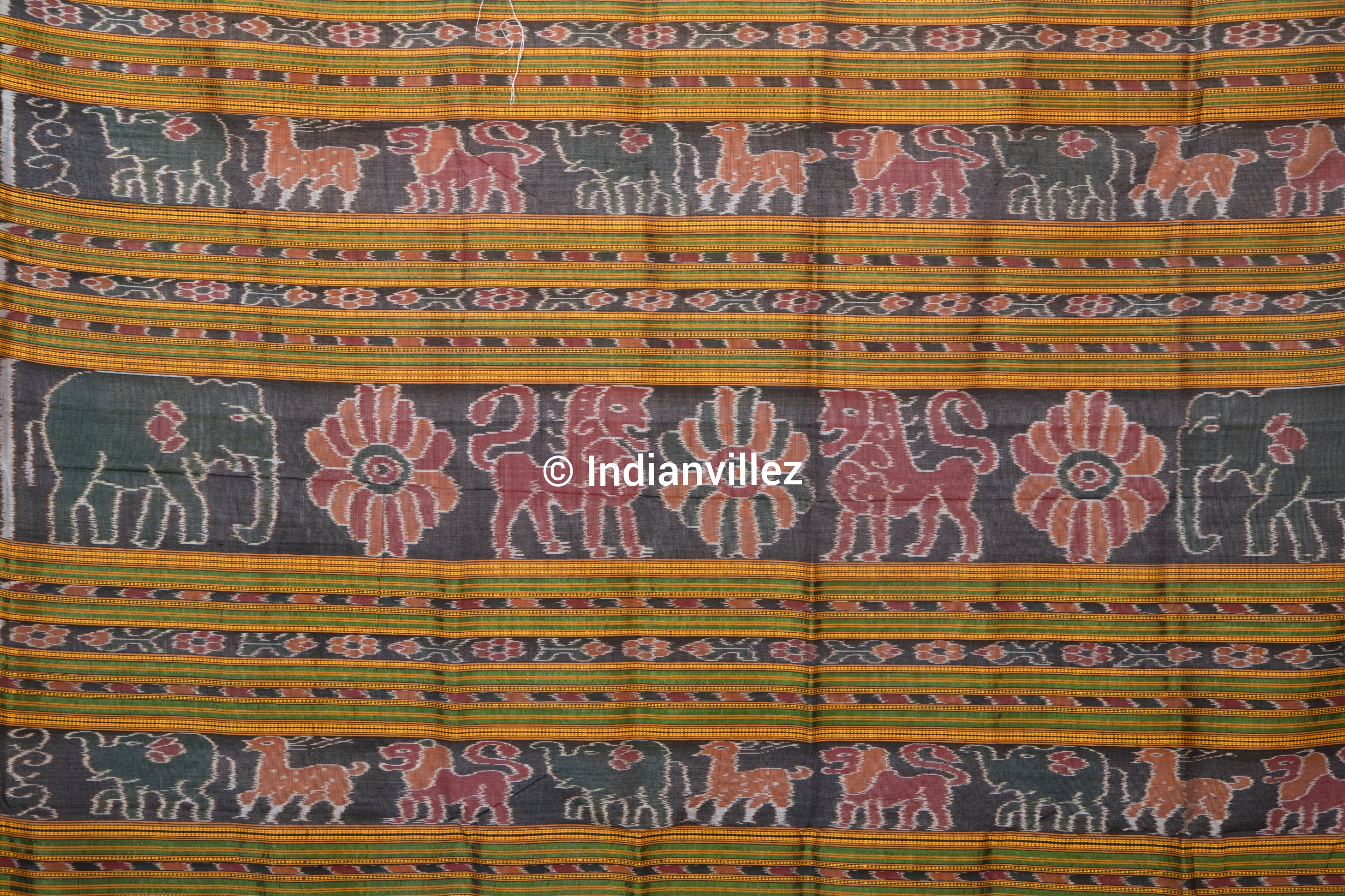 White Lion Flower Elephant Khandua Ikat Silk Saree