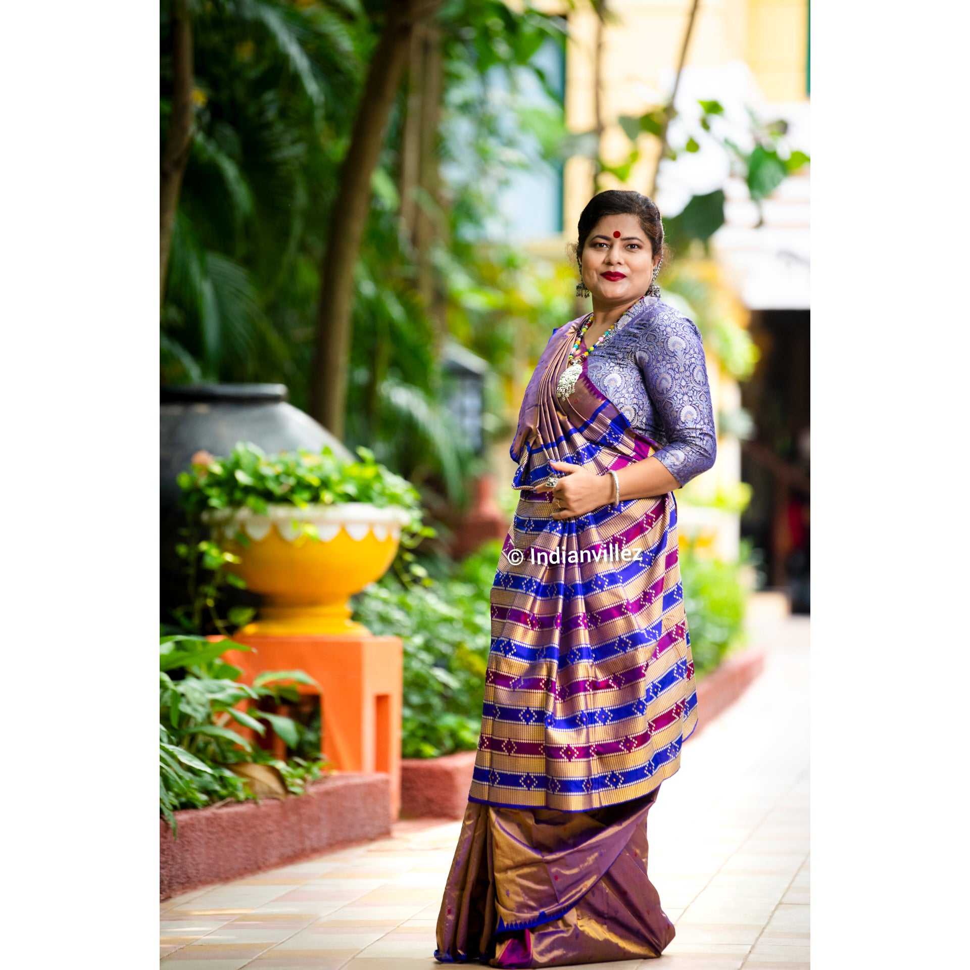 Blue-Brown Dual Toned Odisha Ikat Sambalpuri Silk Saree