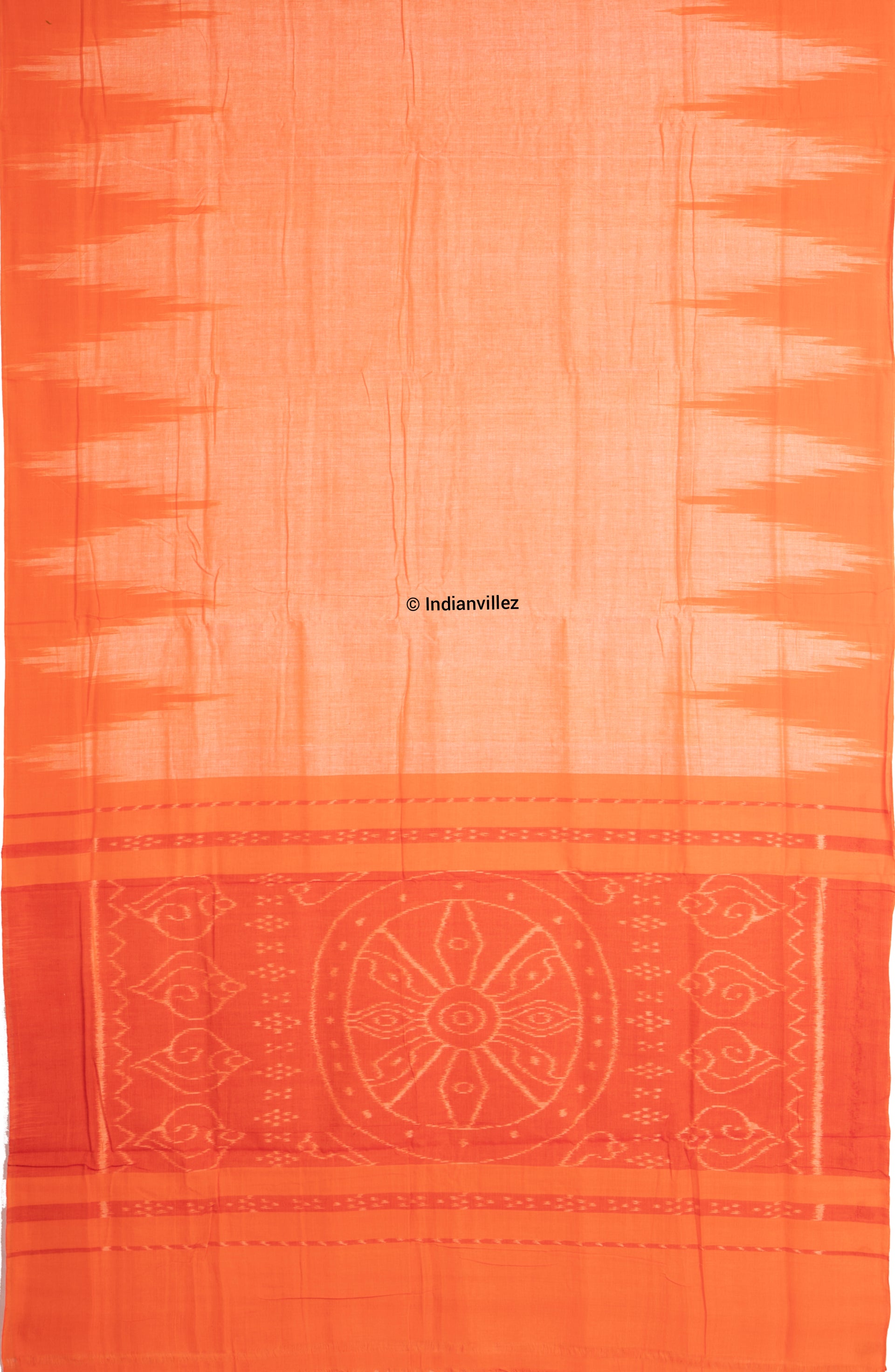 Orange Kargil Kumbha Cotton Ikat Handloom Cotton Saree - Indianvillez