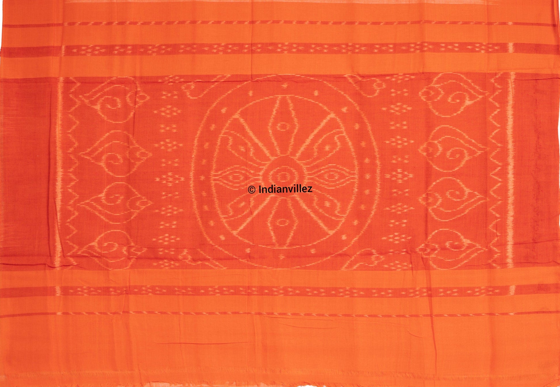 Orange Kargil Kumbha Cotton Ikat Handloom Cotton Saree - Indianvillez