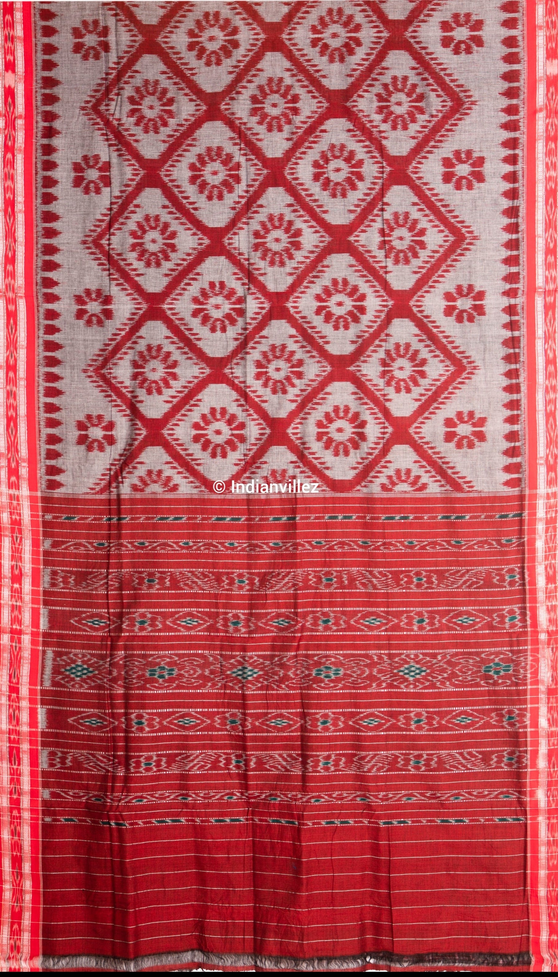 Grey Red Bada Fula ( Big Flower ) Odisha Ikat Handloom Cotton Saree