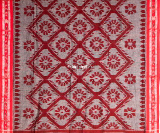 Grey Red Bada Fula ( Big Flower ) Odisha Ikat Handloom Cotton Saree