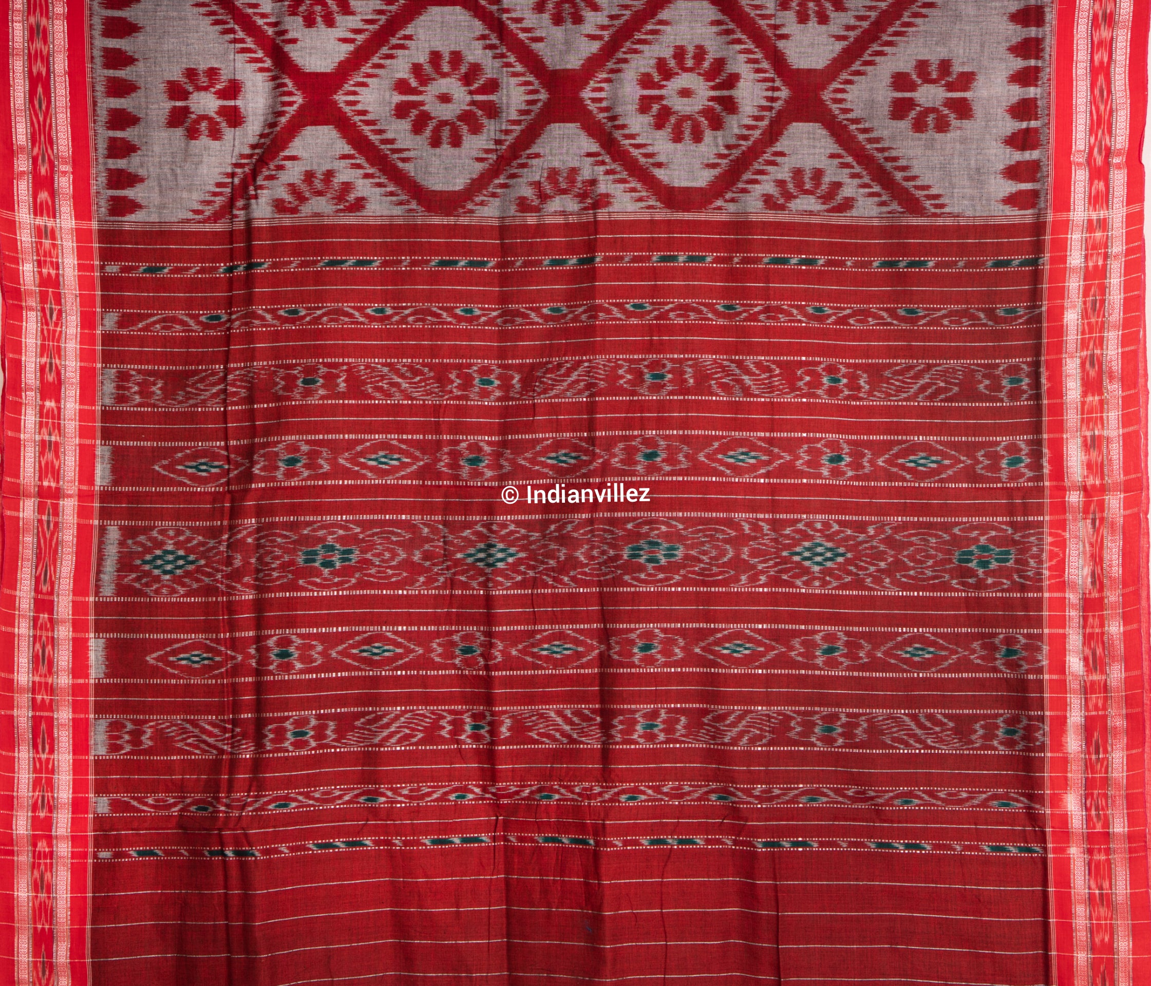 Grey Red Bada Fula ( Big Flower ) Odisha Ikat Handloom Cotton Saree