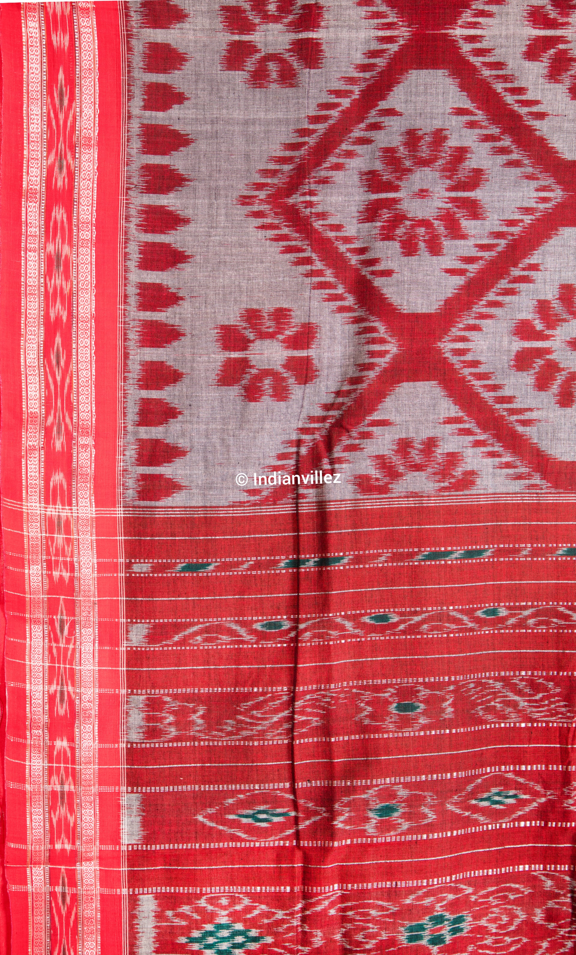 Grey Red Bada Fula ( Big Flower ) Odisha Ikat Handloom Cotton Saree