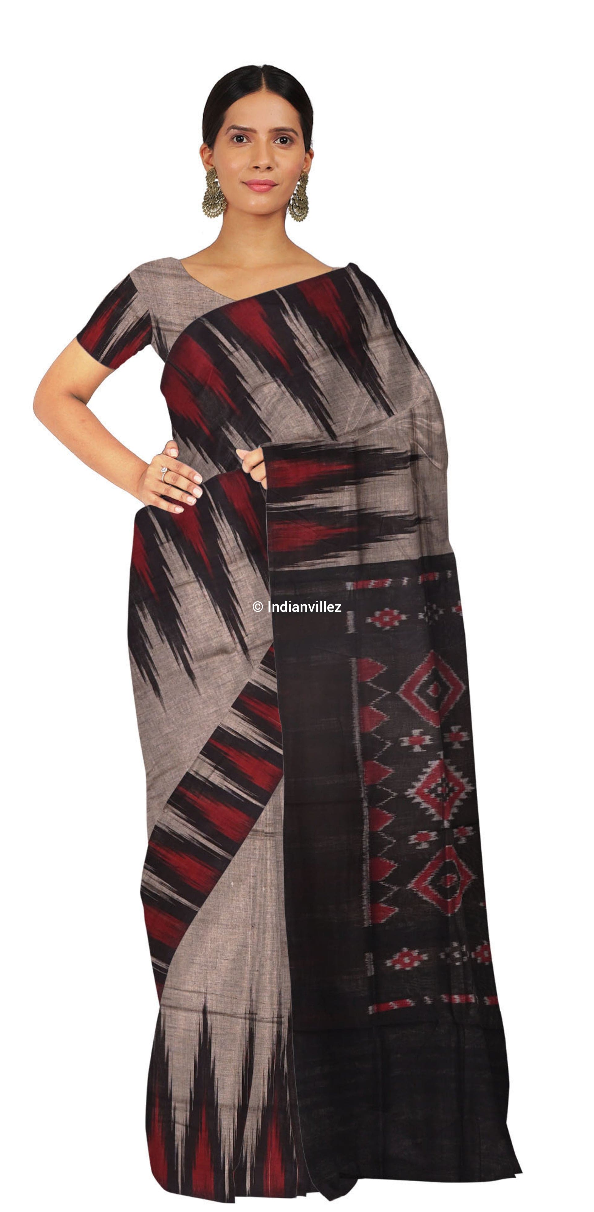 Grey Black Kargil Kumbha Odisha Handloom Sambalpuri Cotton Saree