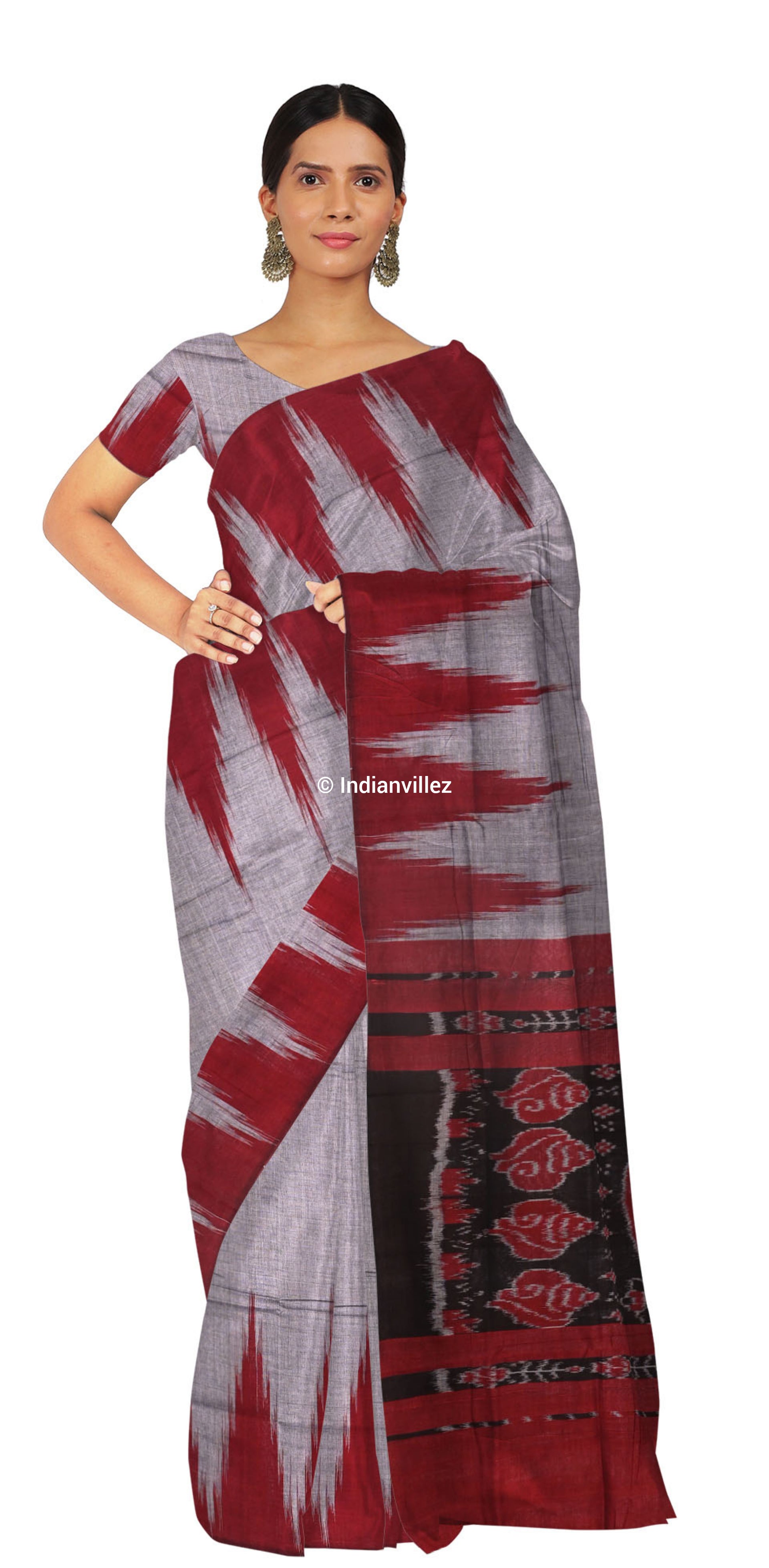 Grey Red Kargil Kumbha Odisha Handloom Cotton Saree