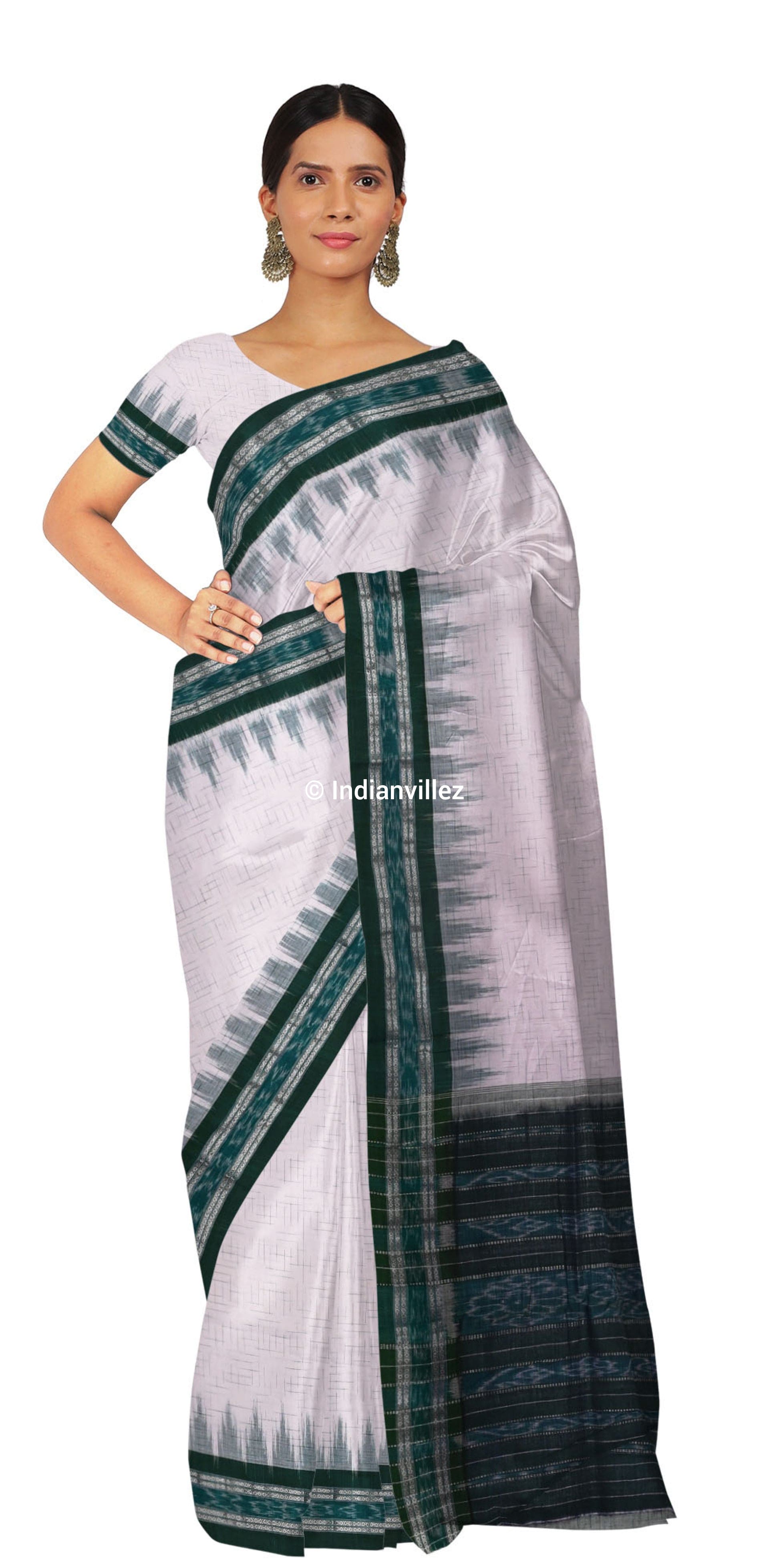 Odisha Handloom White & Green Pure Cotton Sambalpuri Jharana Saree