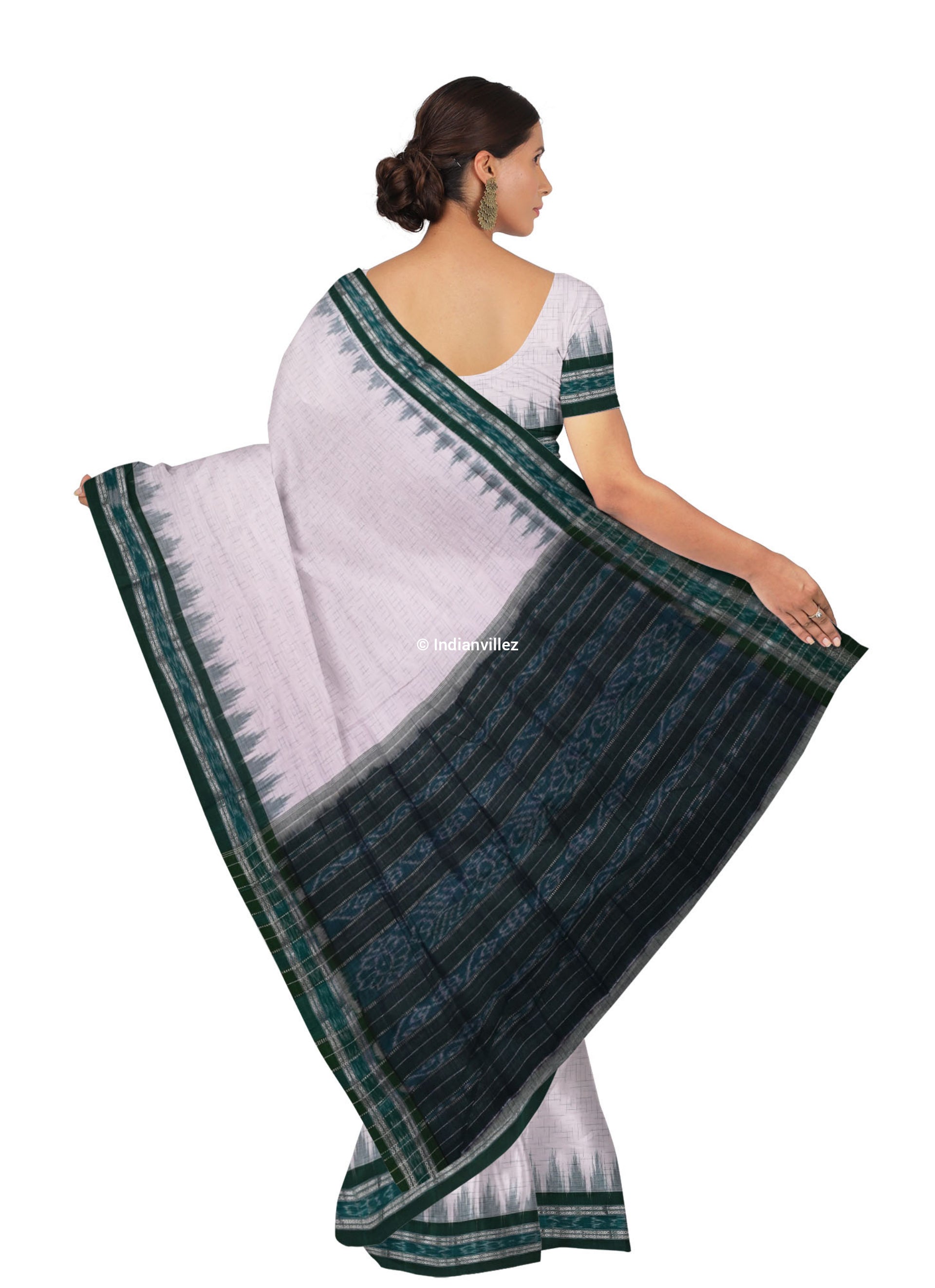 Odisha Handloom White & Green Pure Cotton Sambalpuri Jharana Saree