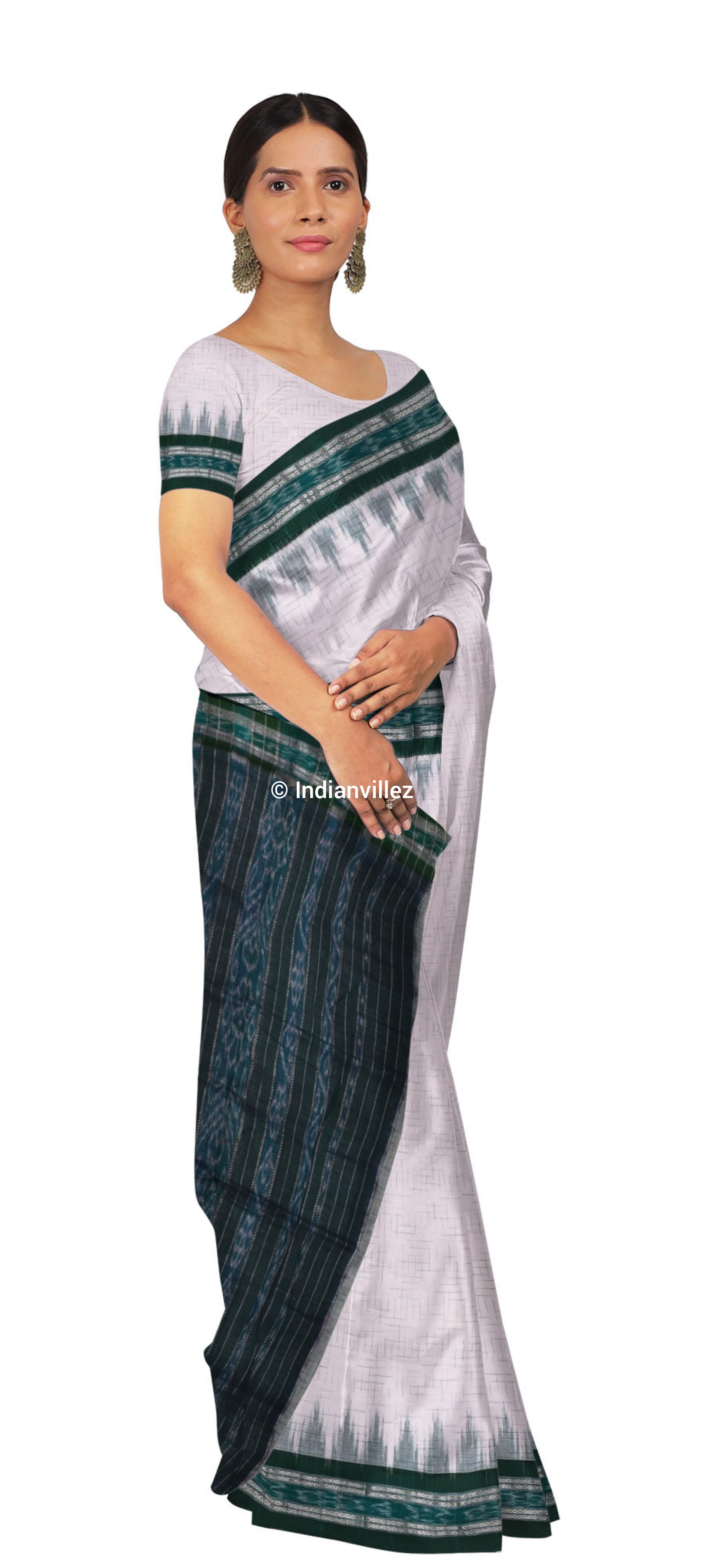 Odisha Handloom White & Green Pure Cotton Sambalpuri Jharana Saree