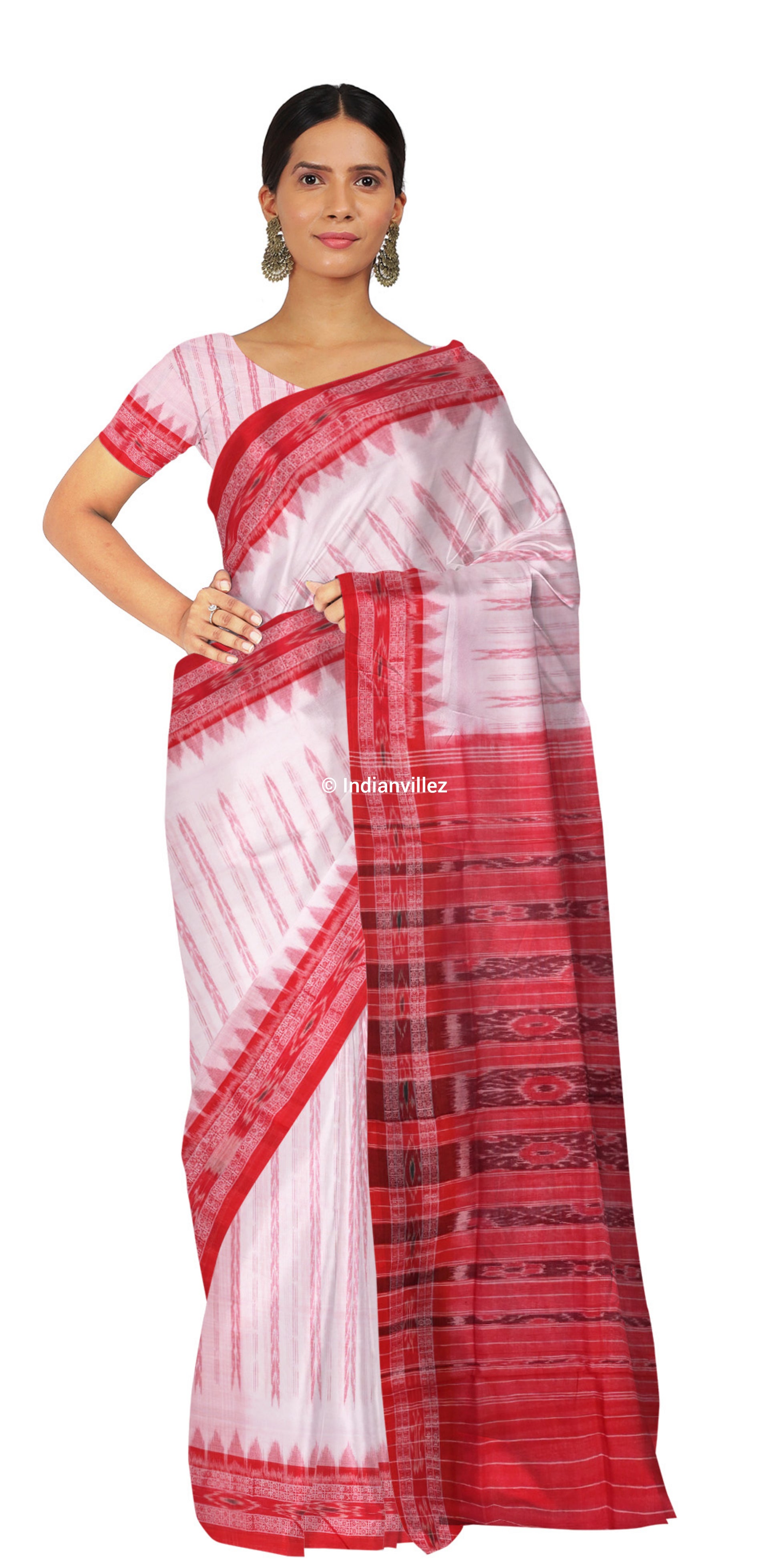 White With Red Border Sambalpuri Pure Cotton Saree