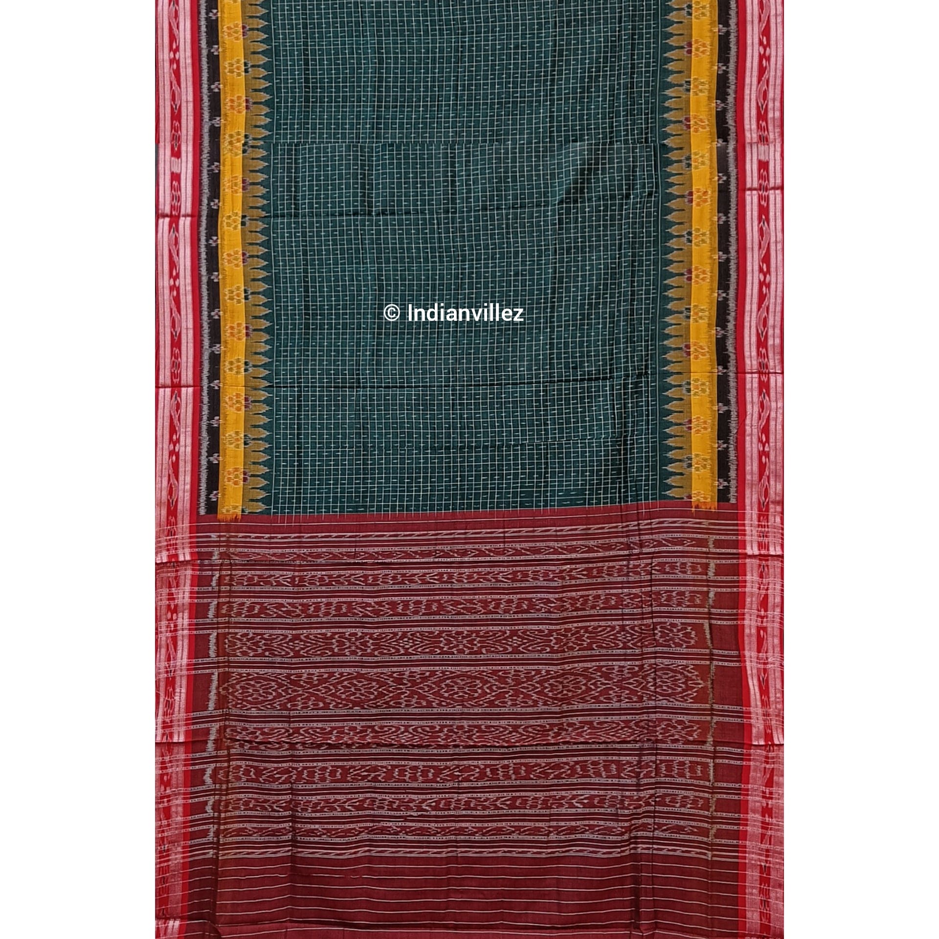 Green Maroon Checks Sambalpuri Ikat Cotton Saree