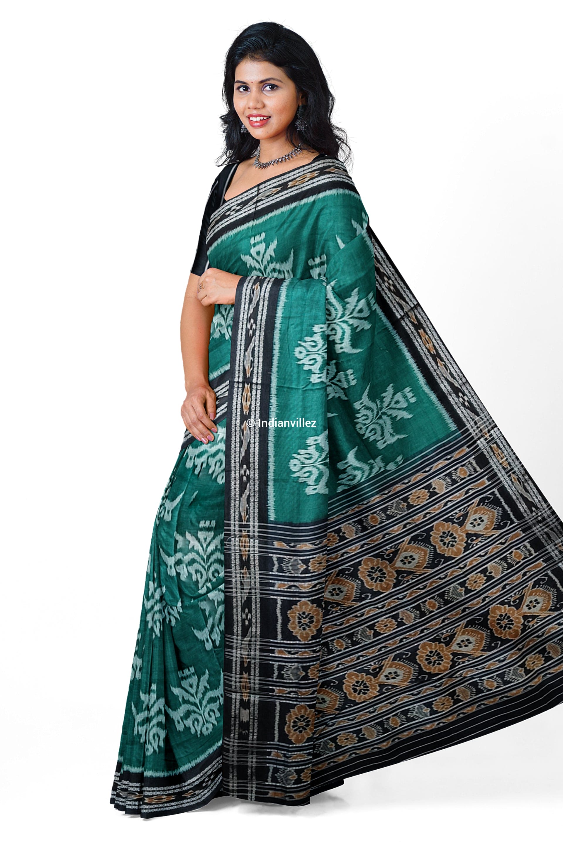 Green Parijat Flower Odisha Handloom Sambalpuri Cotton Saree