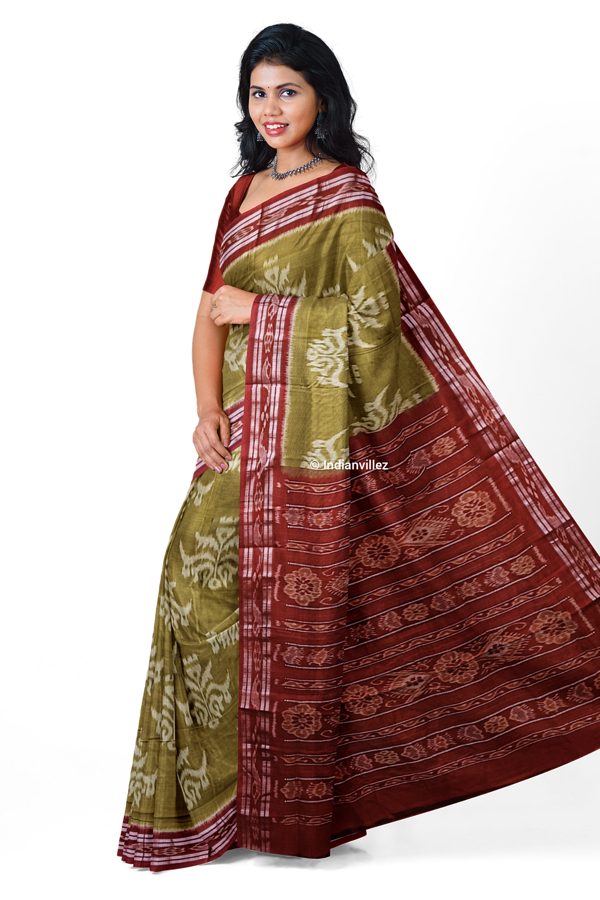 Olive Green Parijat Flower Sambalpuri Cotton Saree