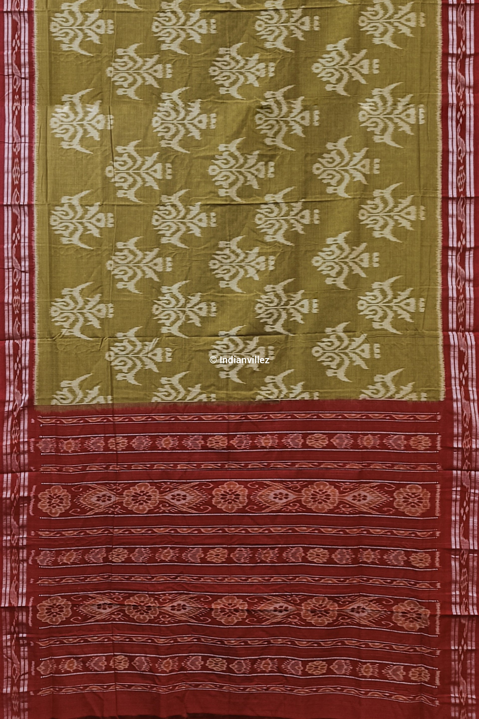 Olive Green Parijat Flower Sambalpuri Cotton Saree