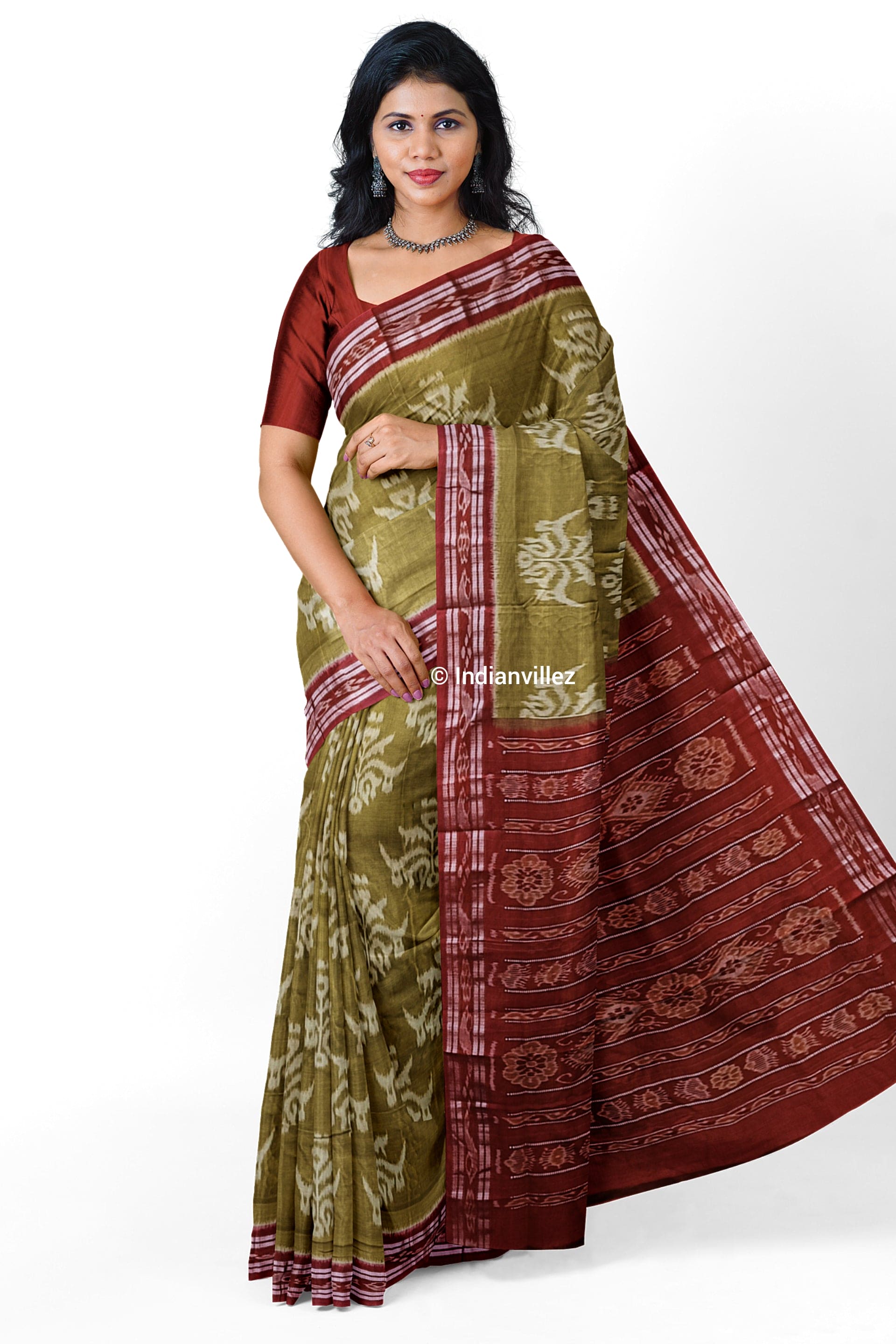 Olive Green Parijat Flower Sambalpuri Cotton Saree