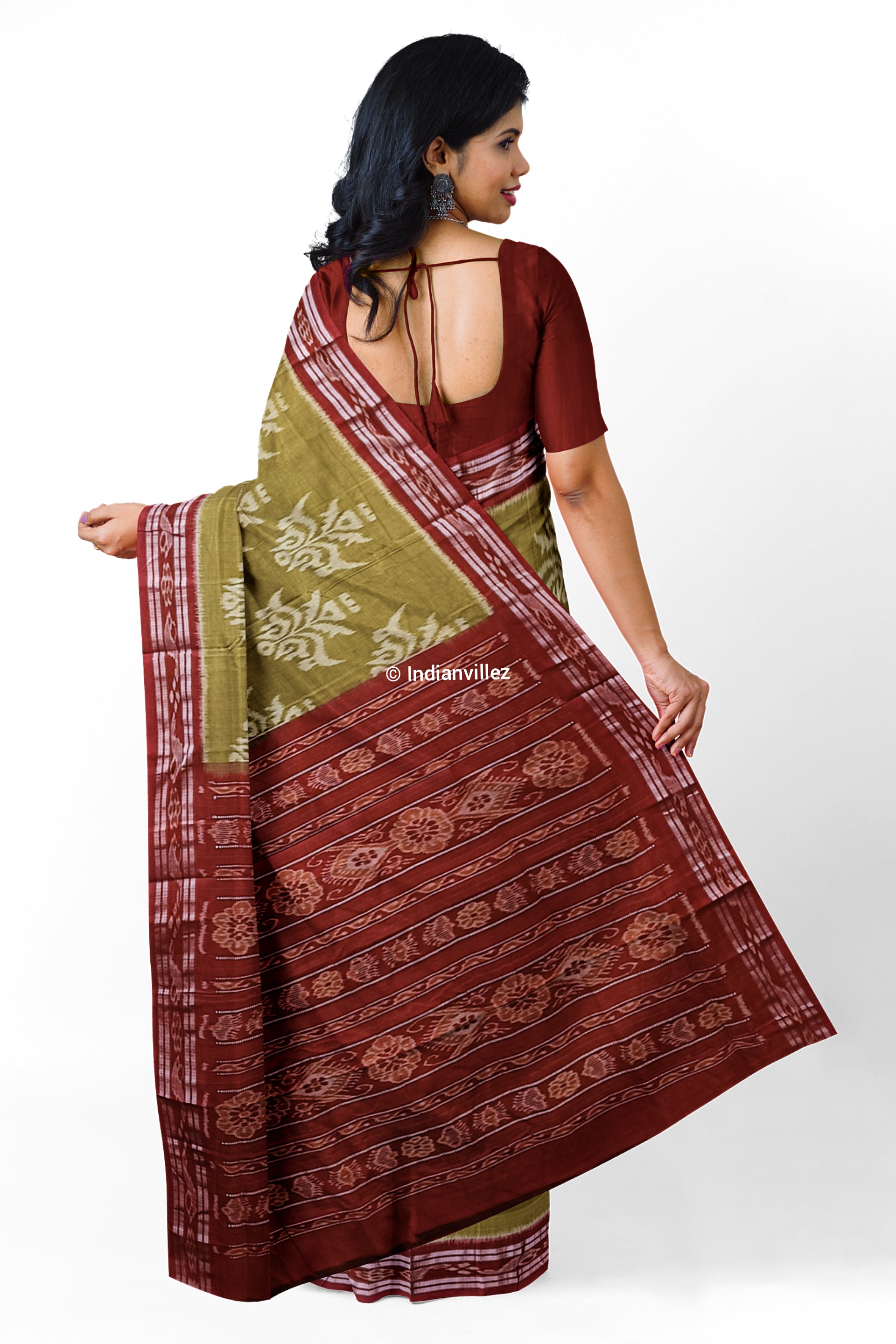 Olive Green Parijat Flower Sambalpuri Cotton Saree