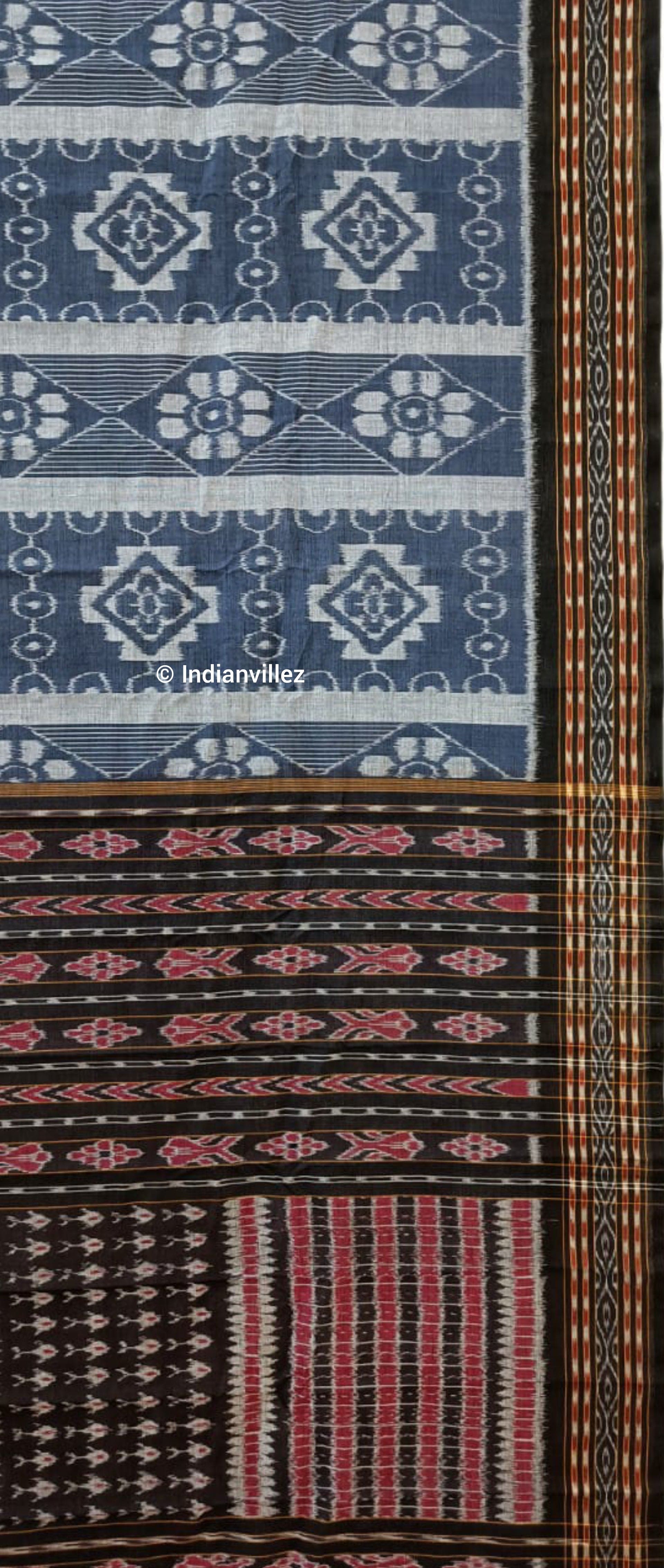 Blue Flower Odisha Handloom Sambalpuri Pure Cotton Saree