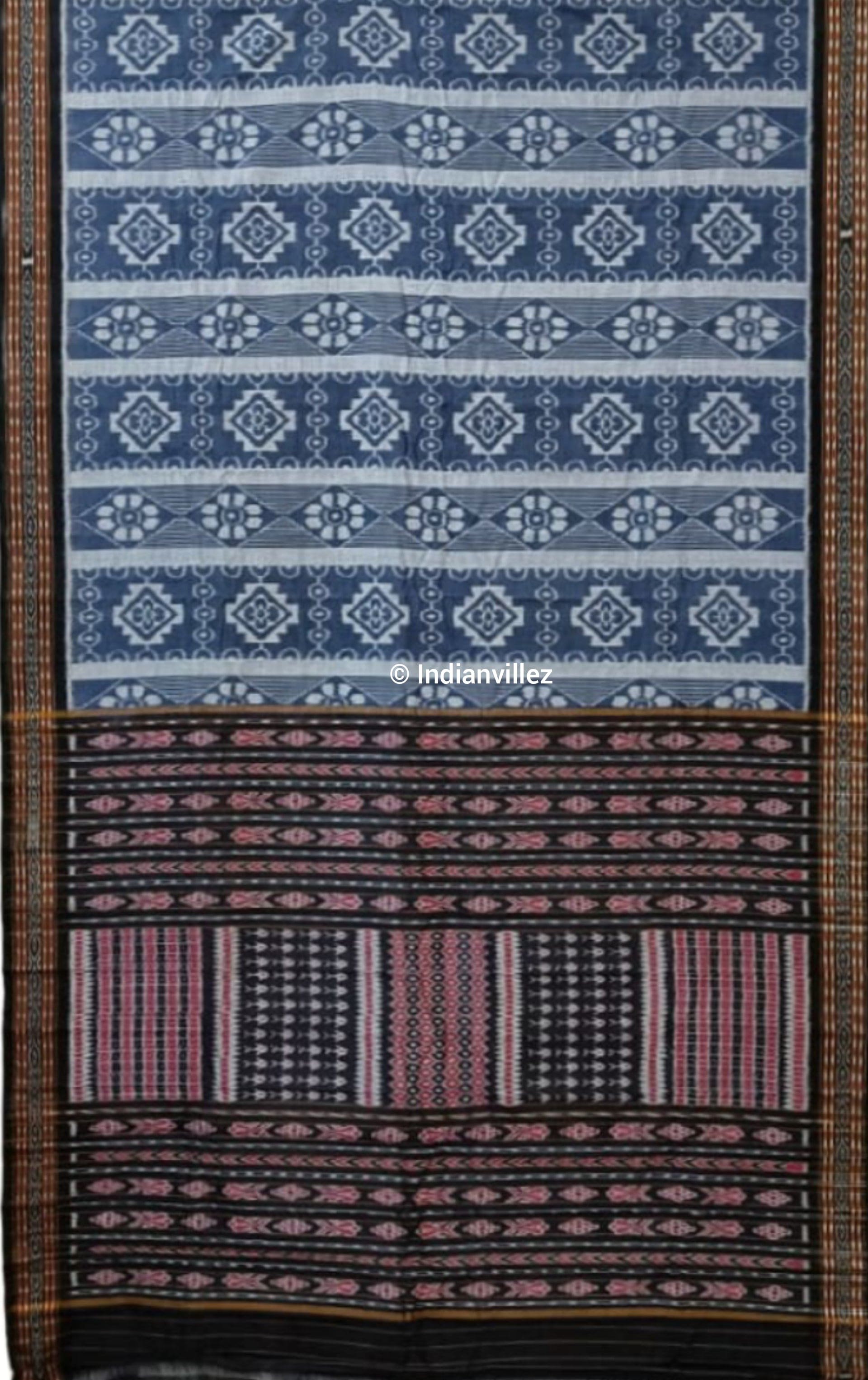 Blue Flower Odisha Handloom Sambalpuri Pure Cotton Saree