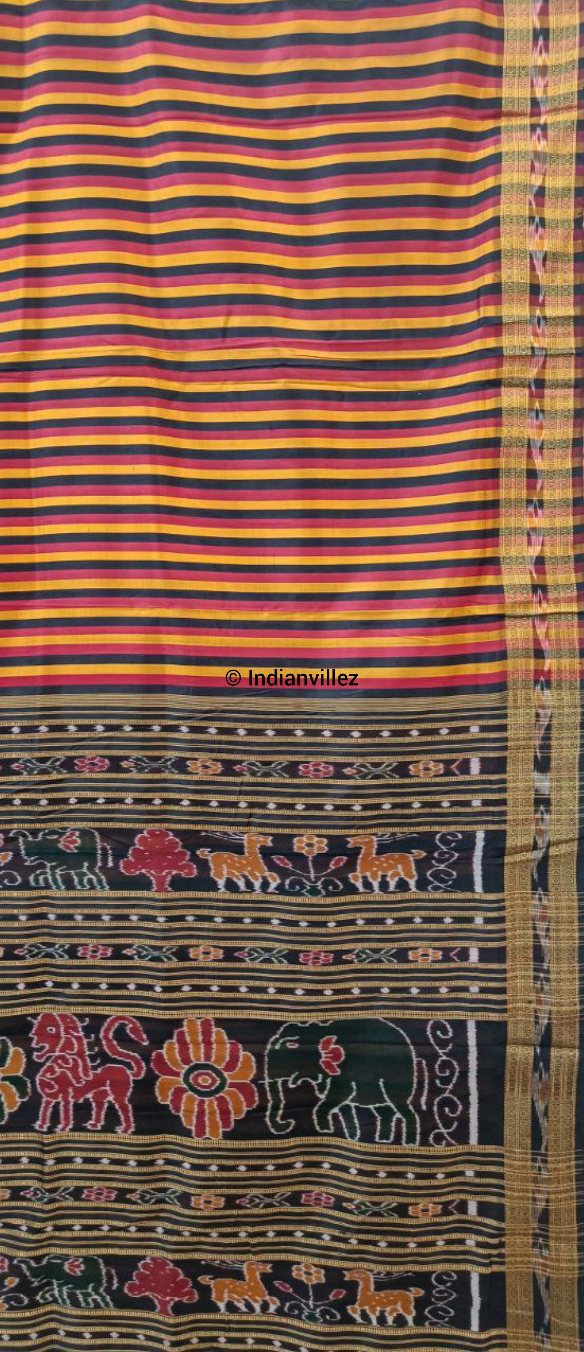 Yellow Maroon Black Stripe Odisha Handloom Khandua Silk Saree