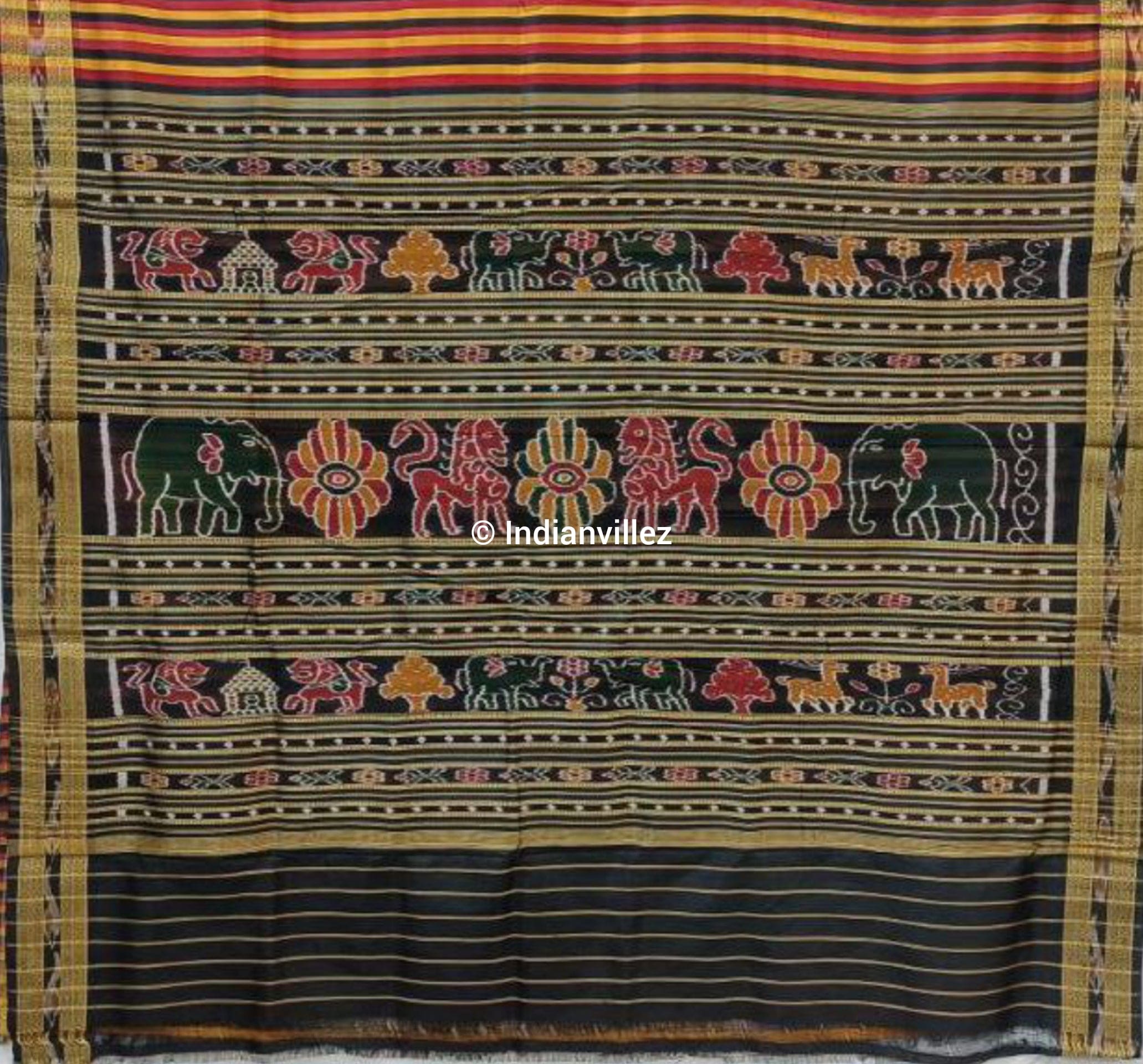 Yellow Maroon Black Stripe Odisha Handloom Khandua Silk Saree