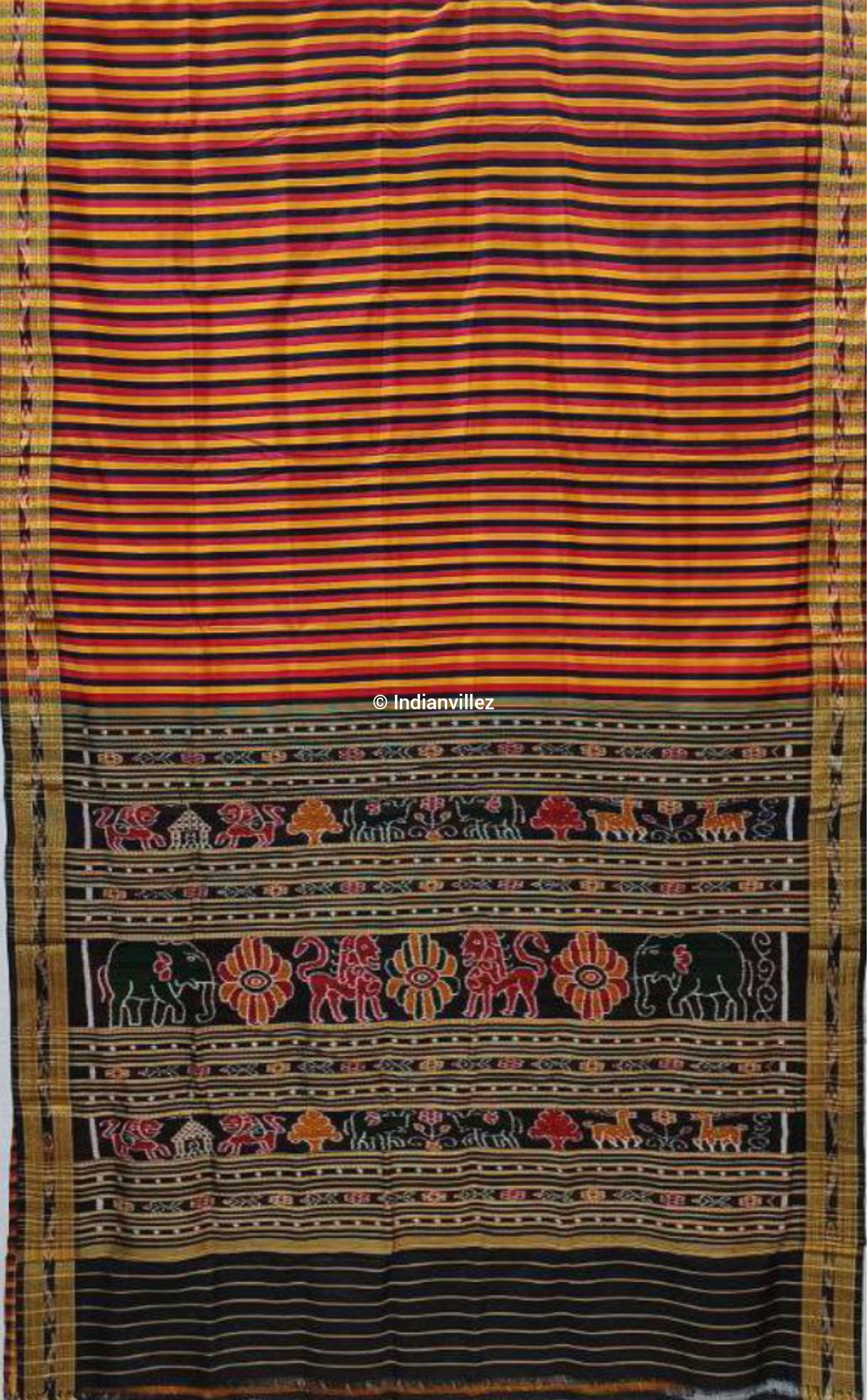 Yellow Maroon Black Stripe Odisha Handloom Khandua Silk Saree