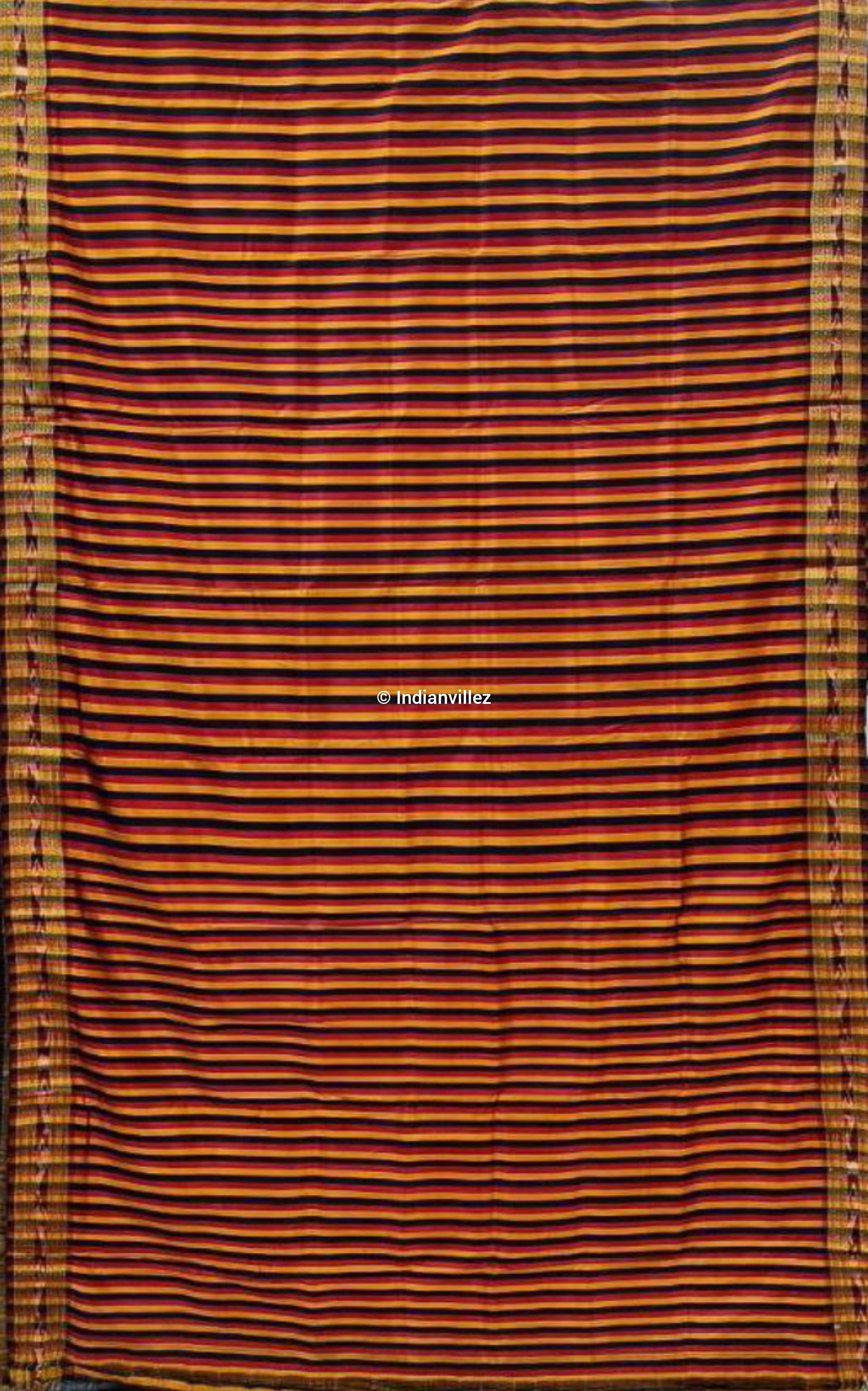 Yellow Maroon Black Stripe Odisha Handloom Khandua Silk Saree