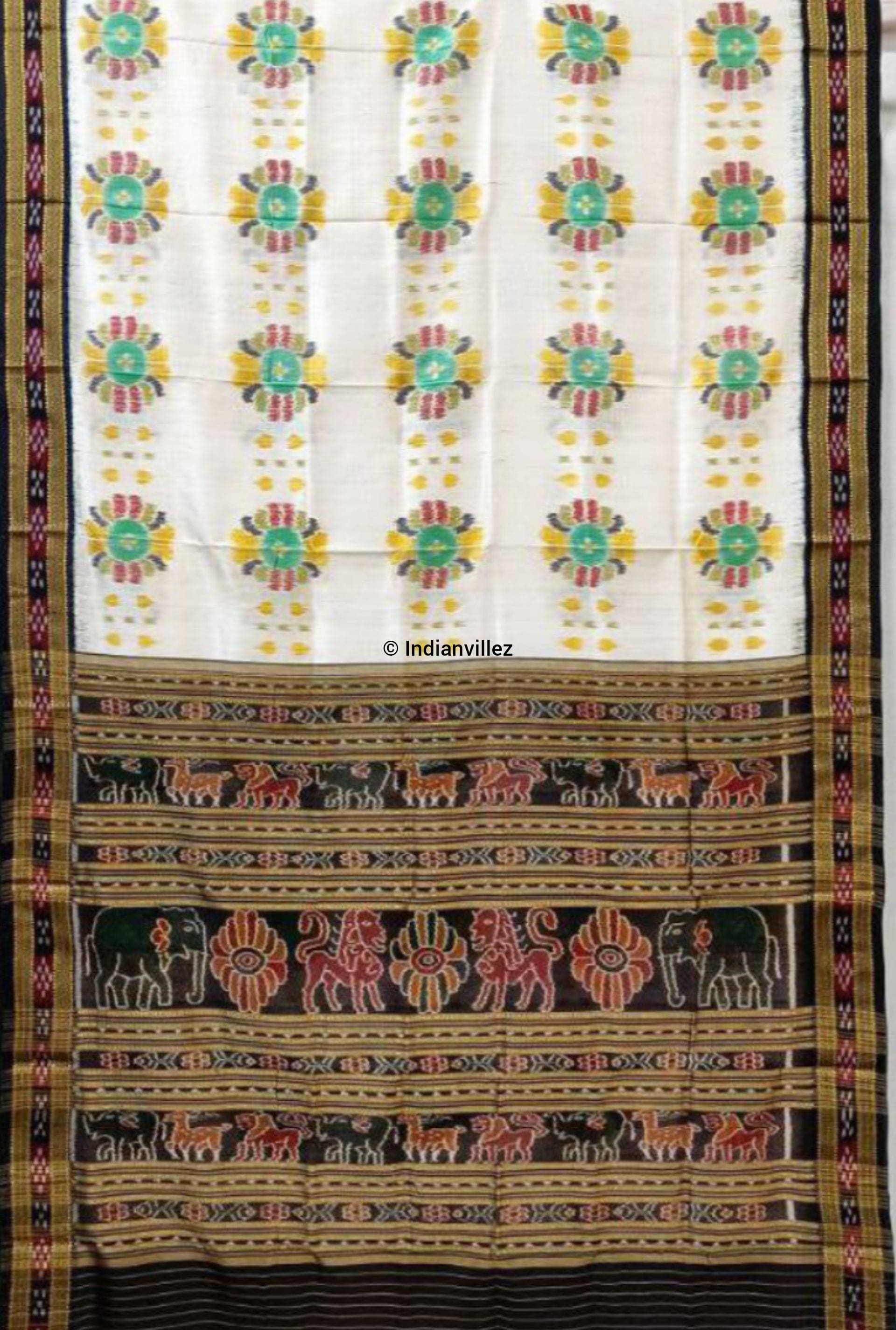 White Baghambari With Pasapali Border Khandua Silk Saree