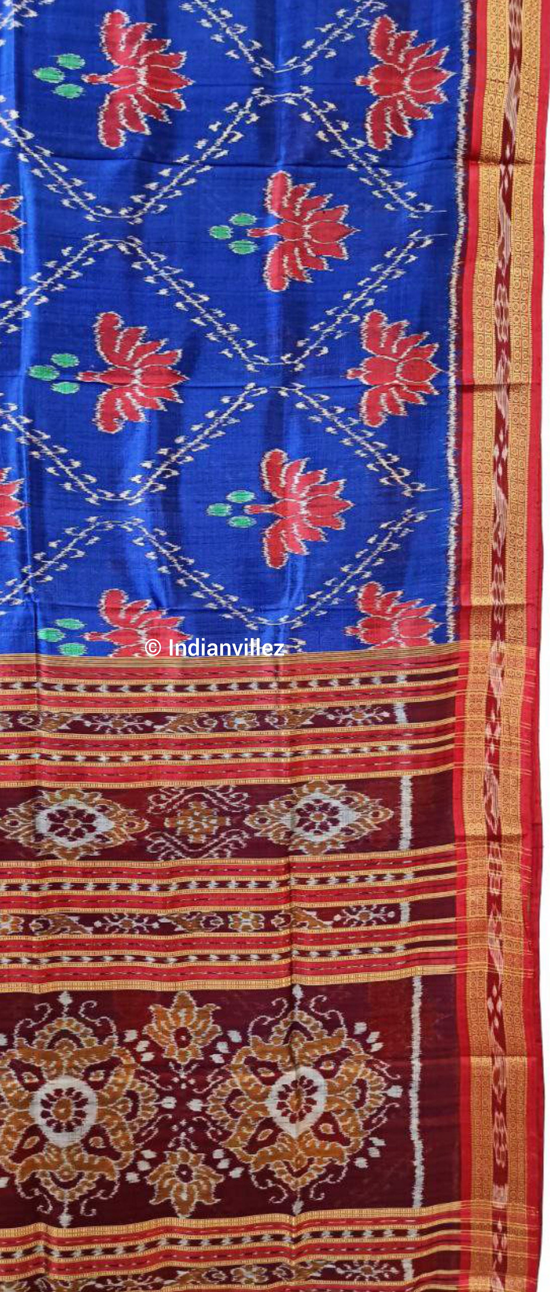 Blue with Red Lotus Odisha Handloom Khandua Silk Saree