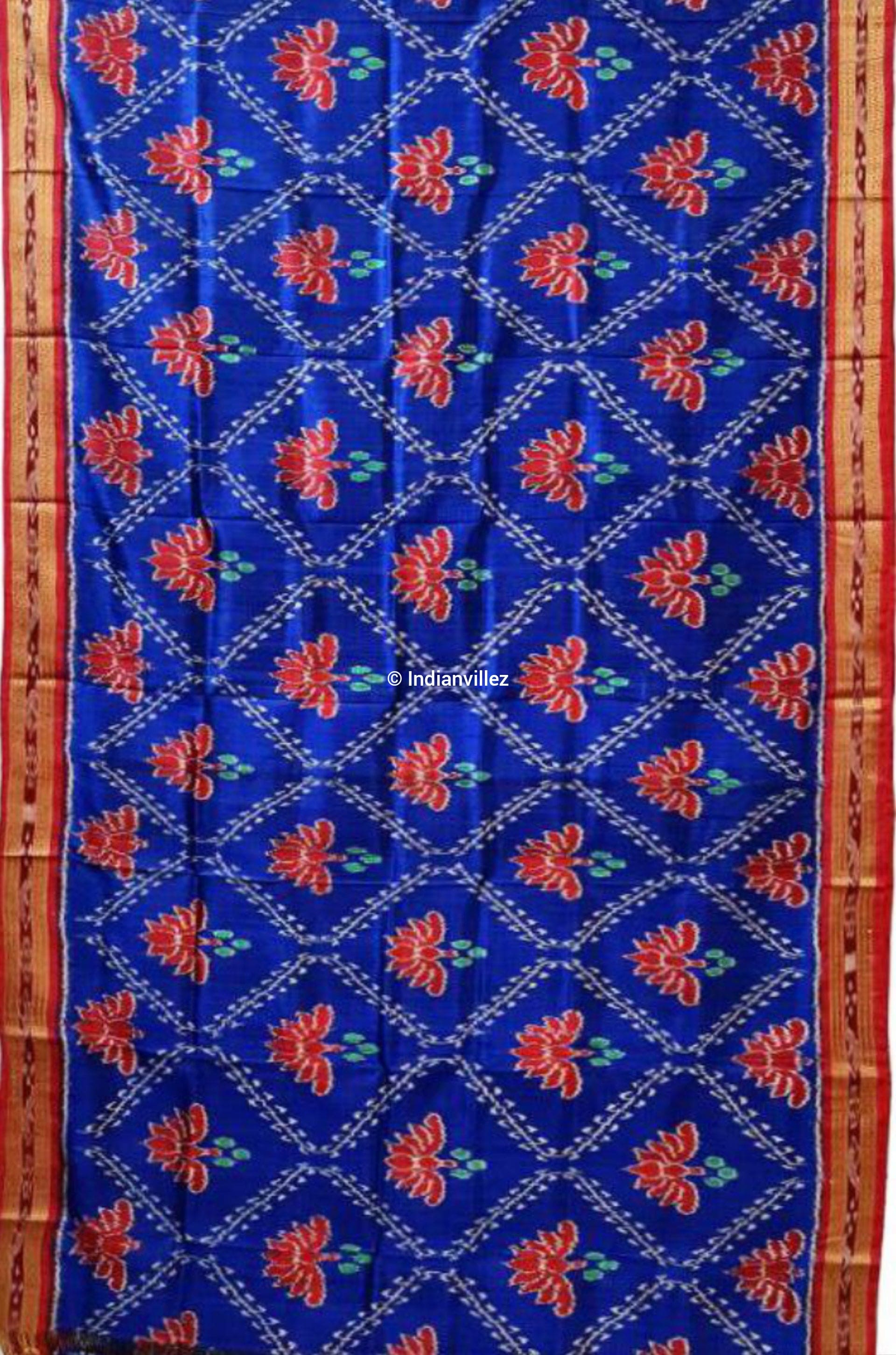 Blue with Red Lotus Odisha Handloom Khandua Silk Saree