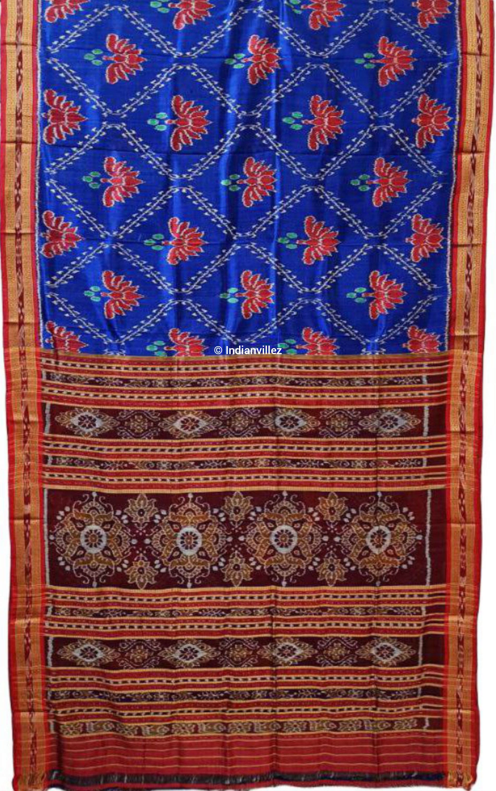 Blue with Red Lotus Odisha Handloom Khandua Silk Saree