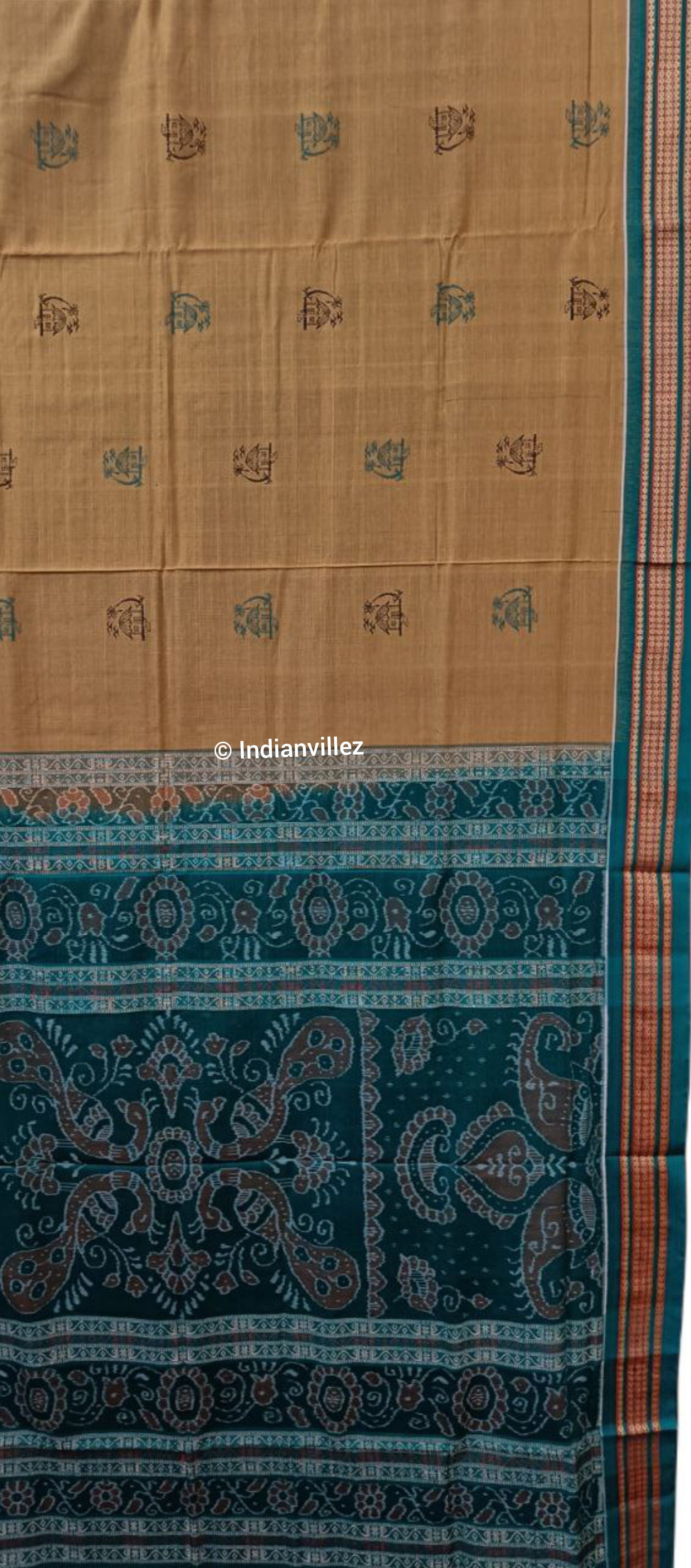 Mustard Yellow & Teal Green Bomkai Cotton Saree