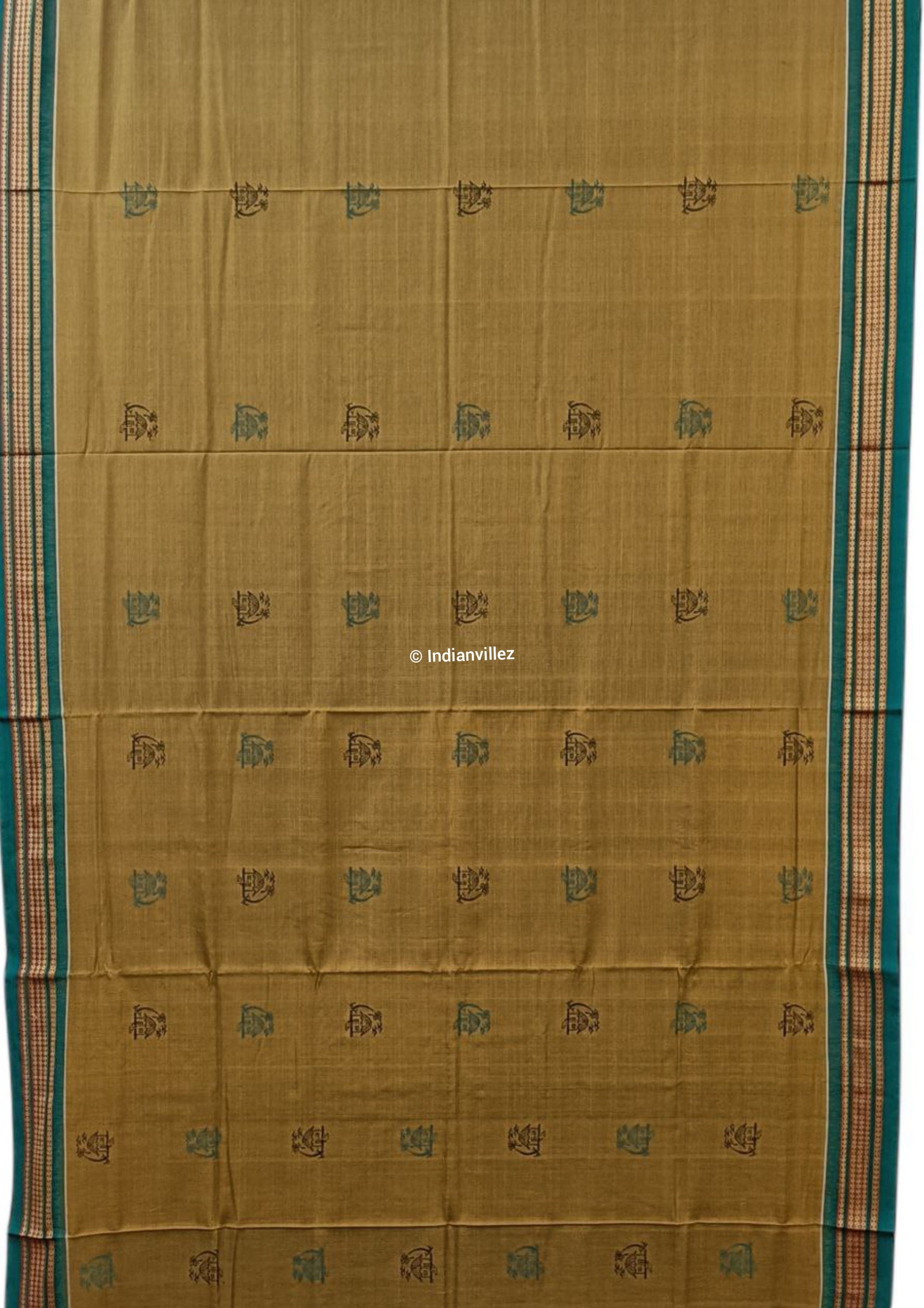 Mustard Yellow & Teal Green Bomkai Cotton Saree