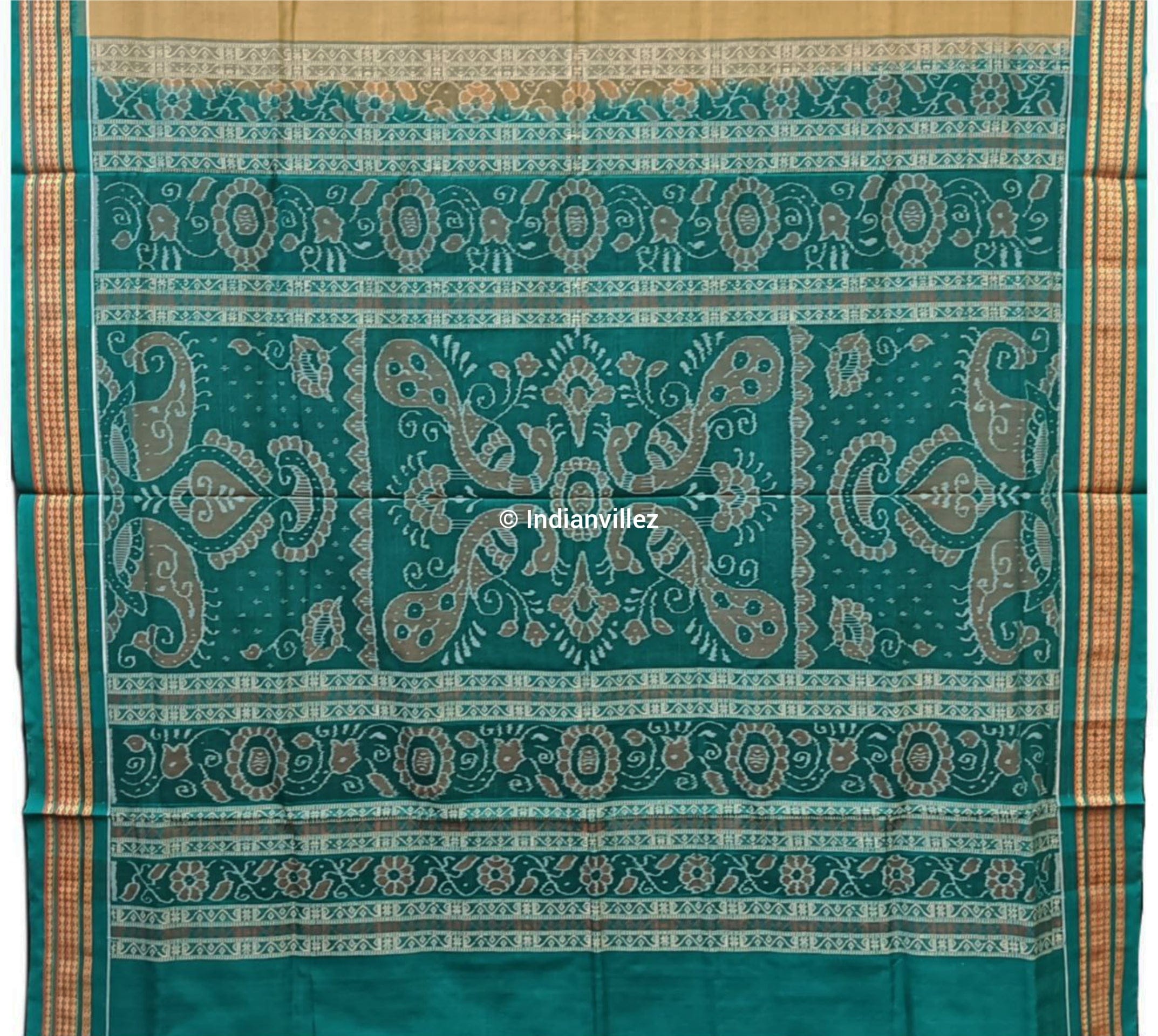 Mustard Yellow & Teal Green Bomkai Cotton Saree