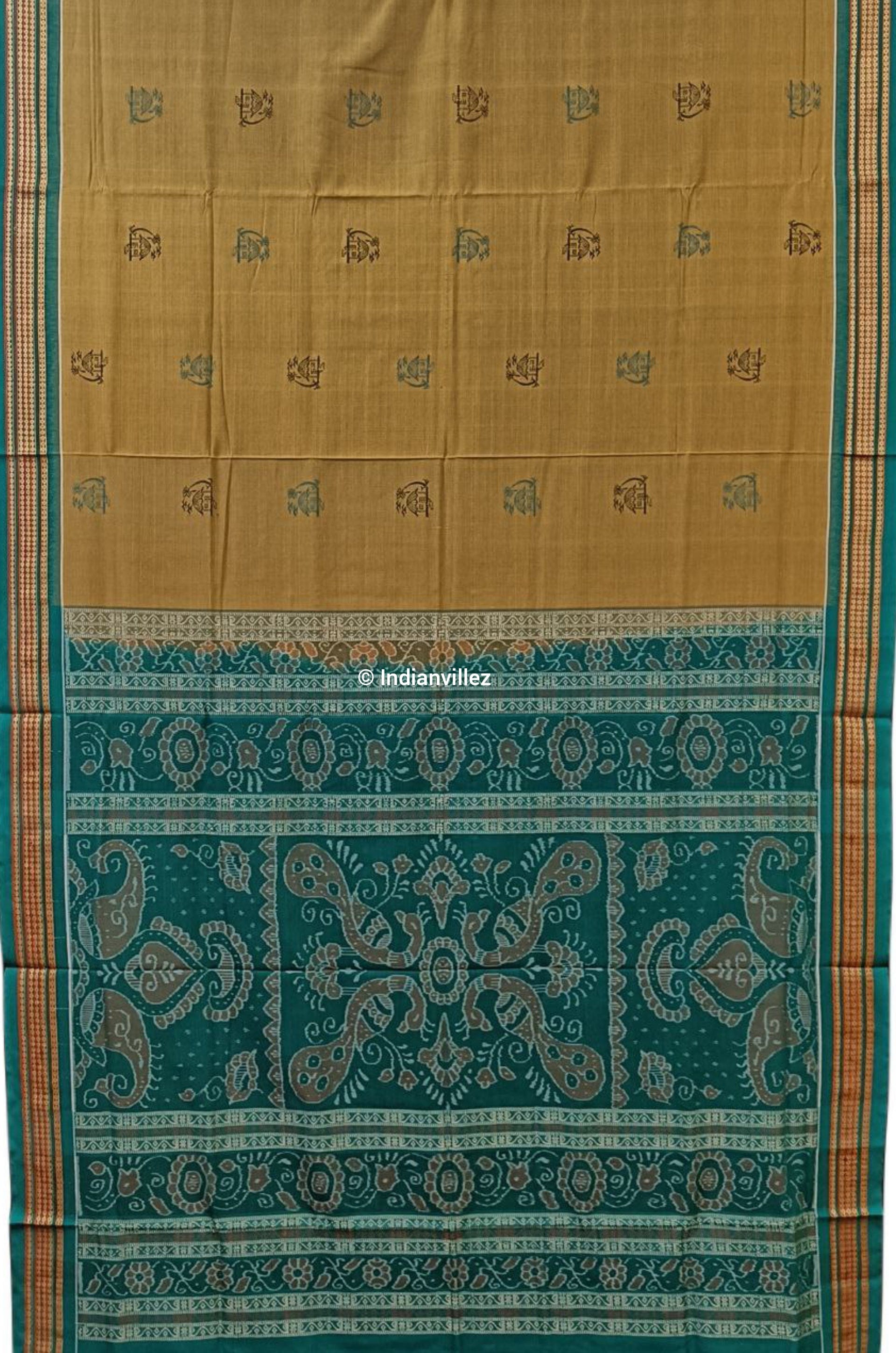 Mustard Yellow & Teal Green Bomkai Cotton Saree