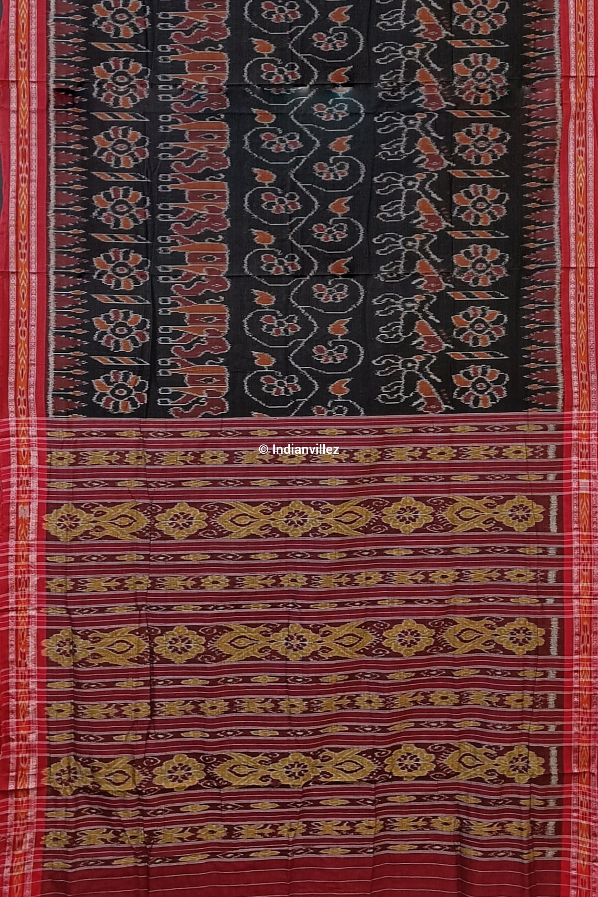 Black Elephant & Flower Odisha Handloom Sambalpuri Cotton Saree