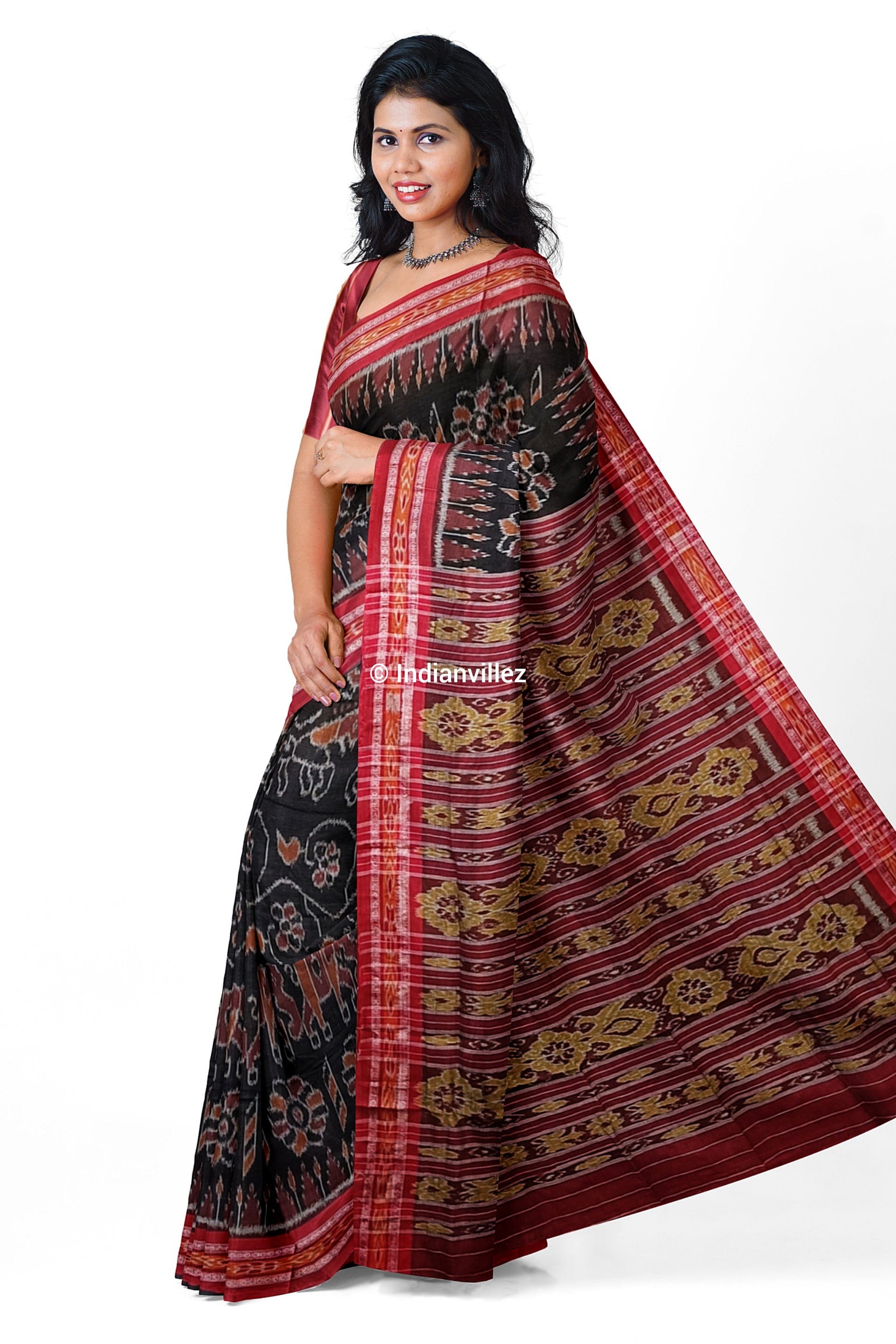 Black Elephant & Flower Odisha Handloom Sambalpuri Cotton Saree