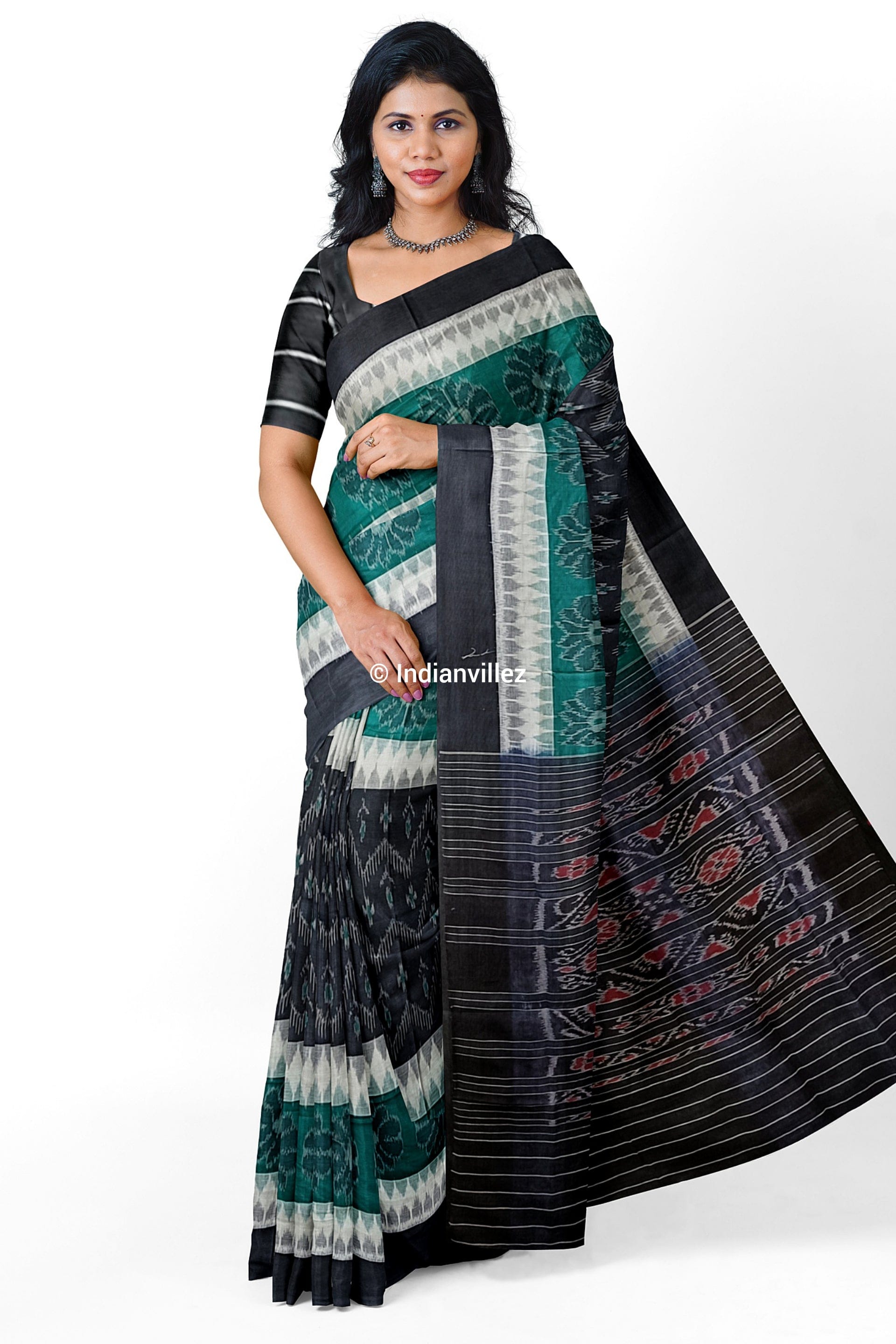 Black Green Flower Sambalpuri Handloom Cotton Saree