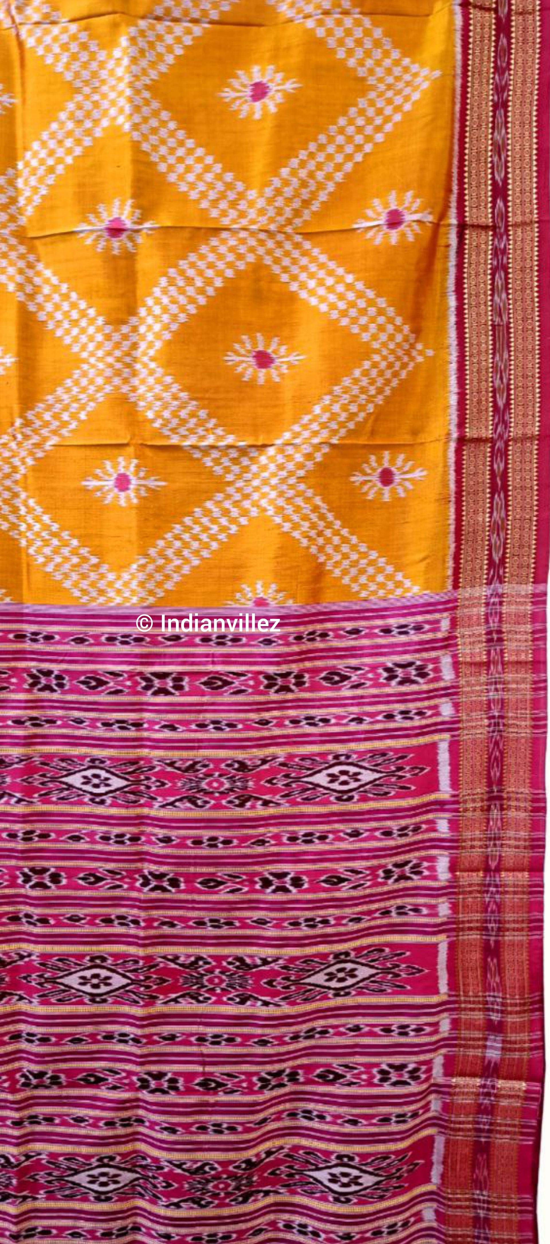 Yellow Pink Tarabali Odisha Handloom Khandua Silk Saree