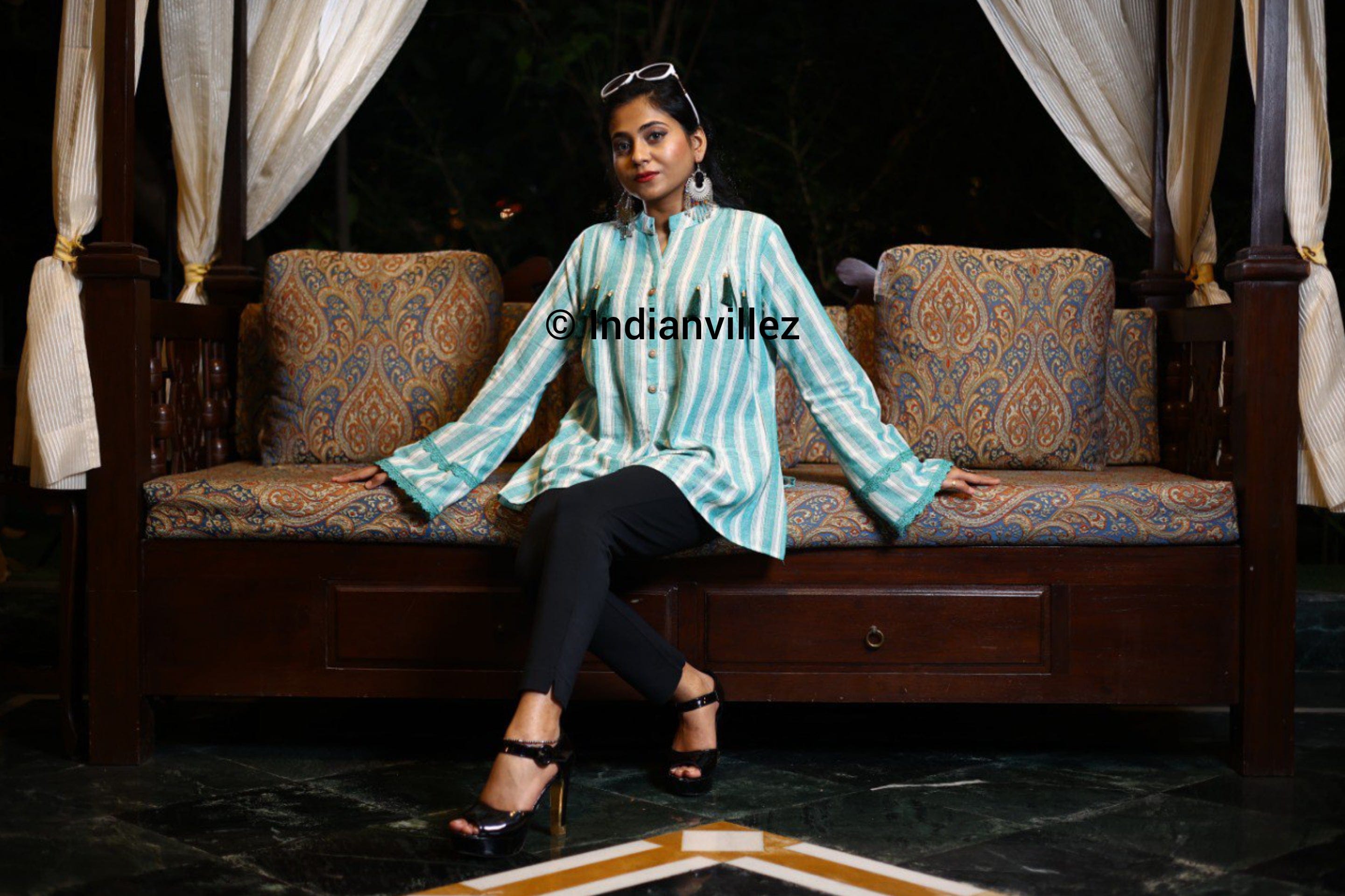 Green & White Stripes Odisha Handloom Kotpad Cotton Short Kurti