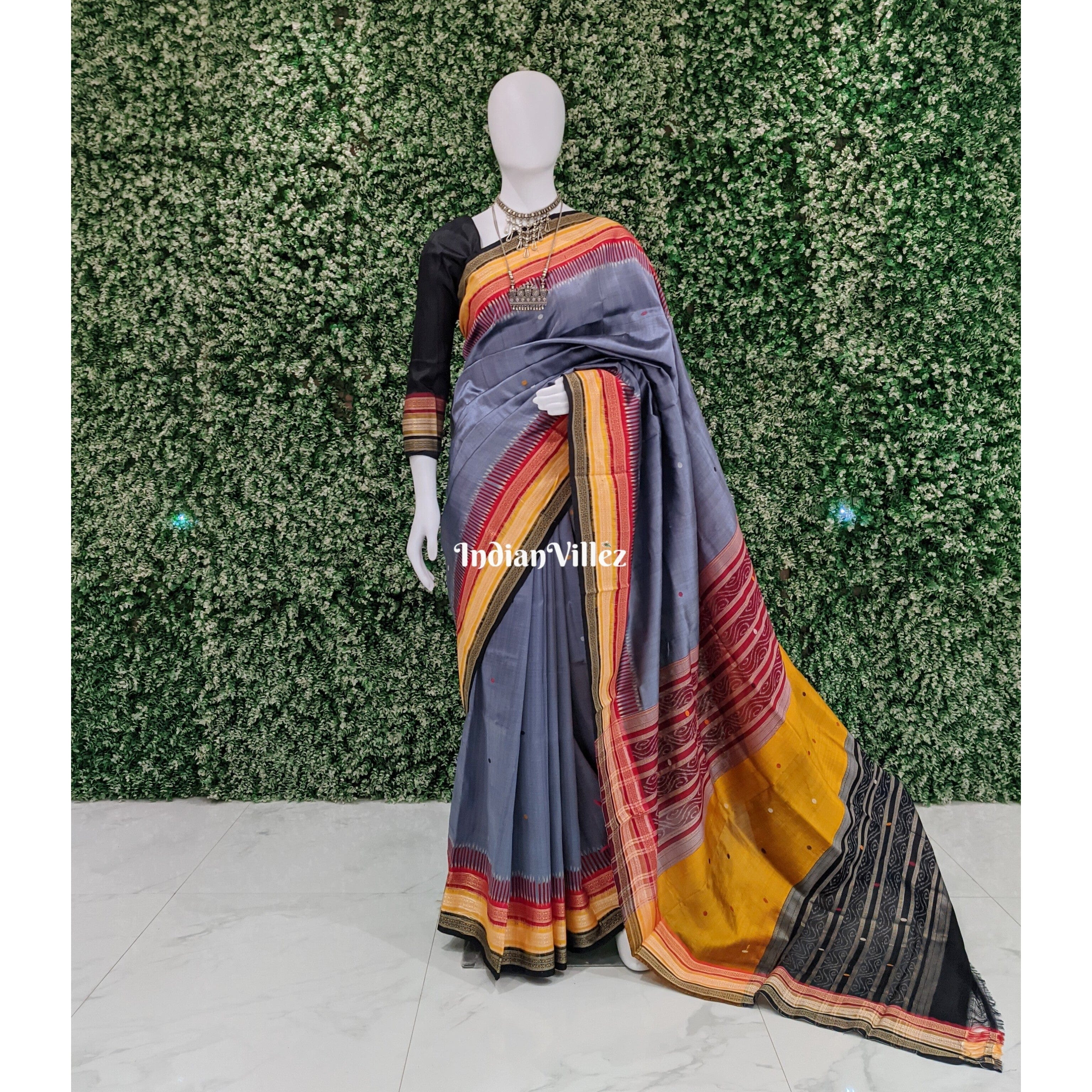 Steel Gray Kathiphera Ikat Odisha Handloom Silk Saree