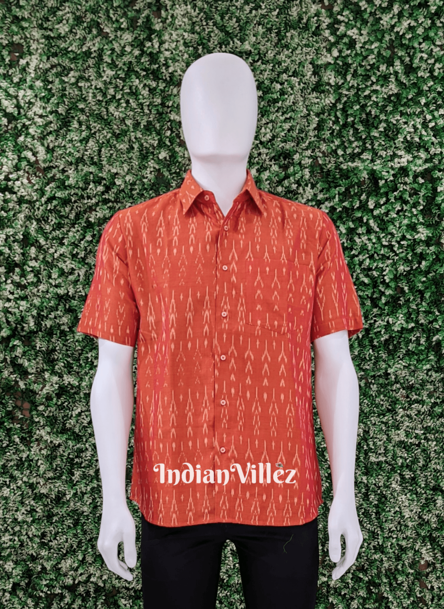 Orange Dual Tone Cotton Ikat Half Sleeve Shirt for Men