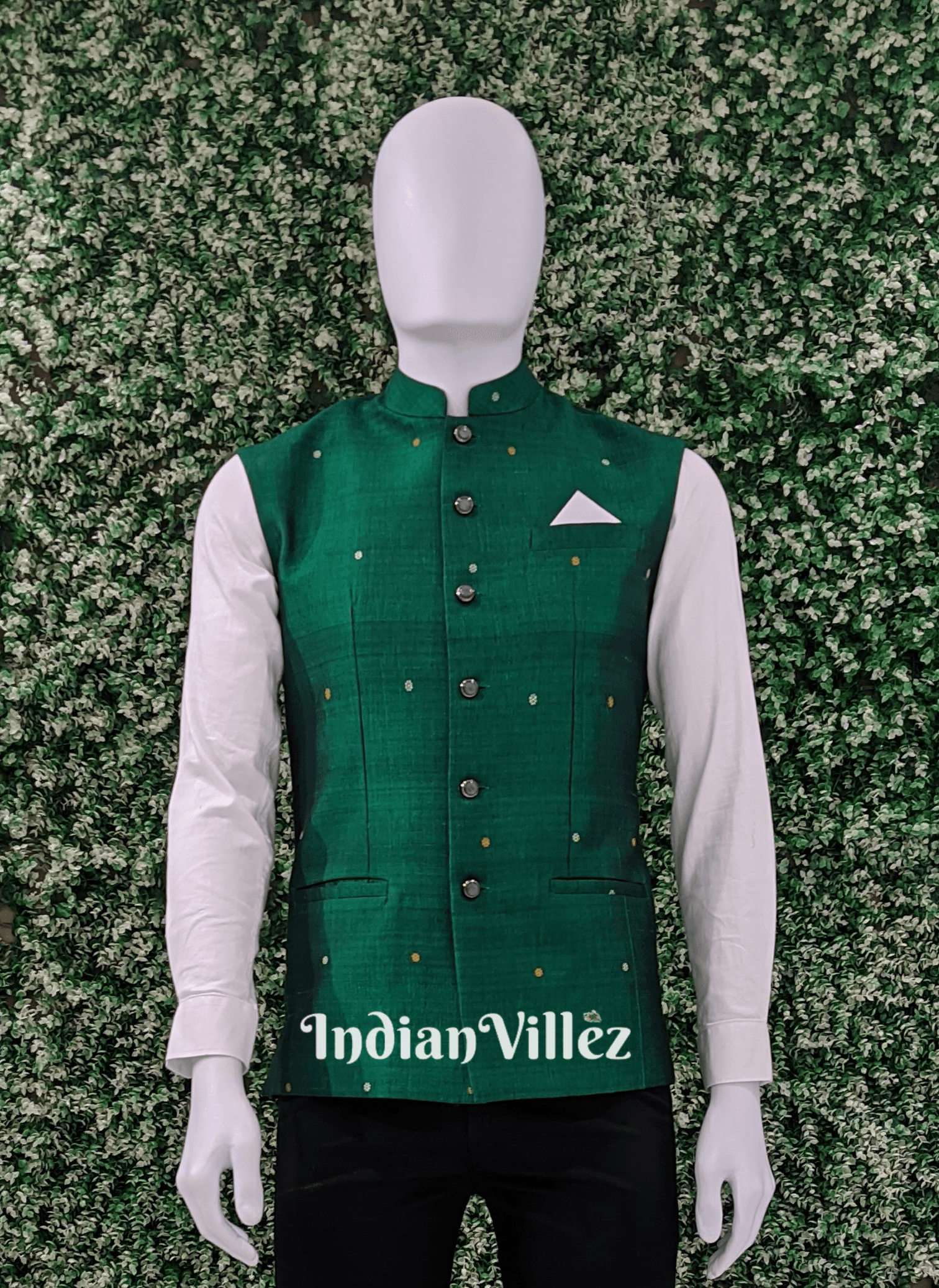 Green Butta Design Silk Cotton Sambalpuri Ikat Half Bandi Jacket