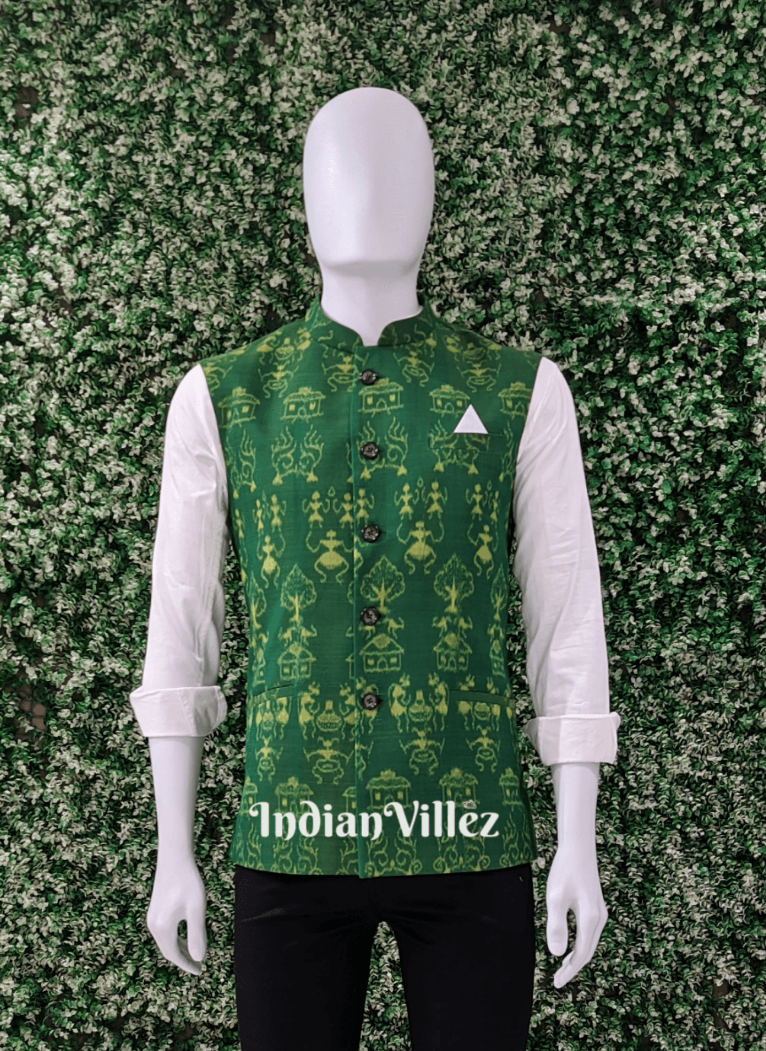 Green with Yellow Tribal Design Cotton Ikat Half Bandi Jacket