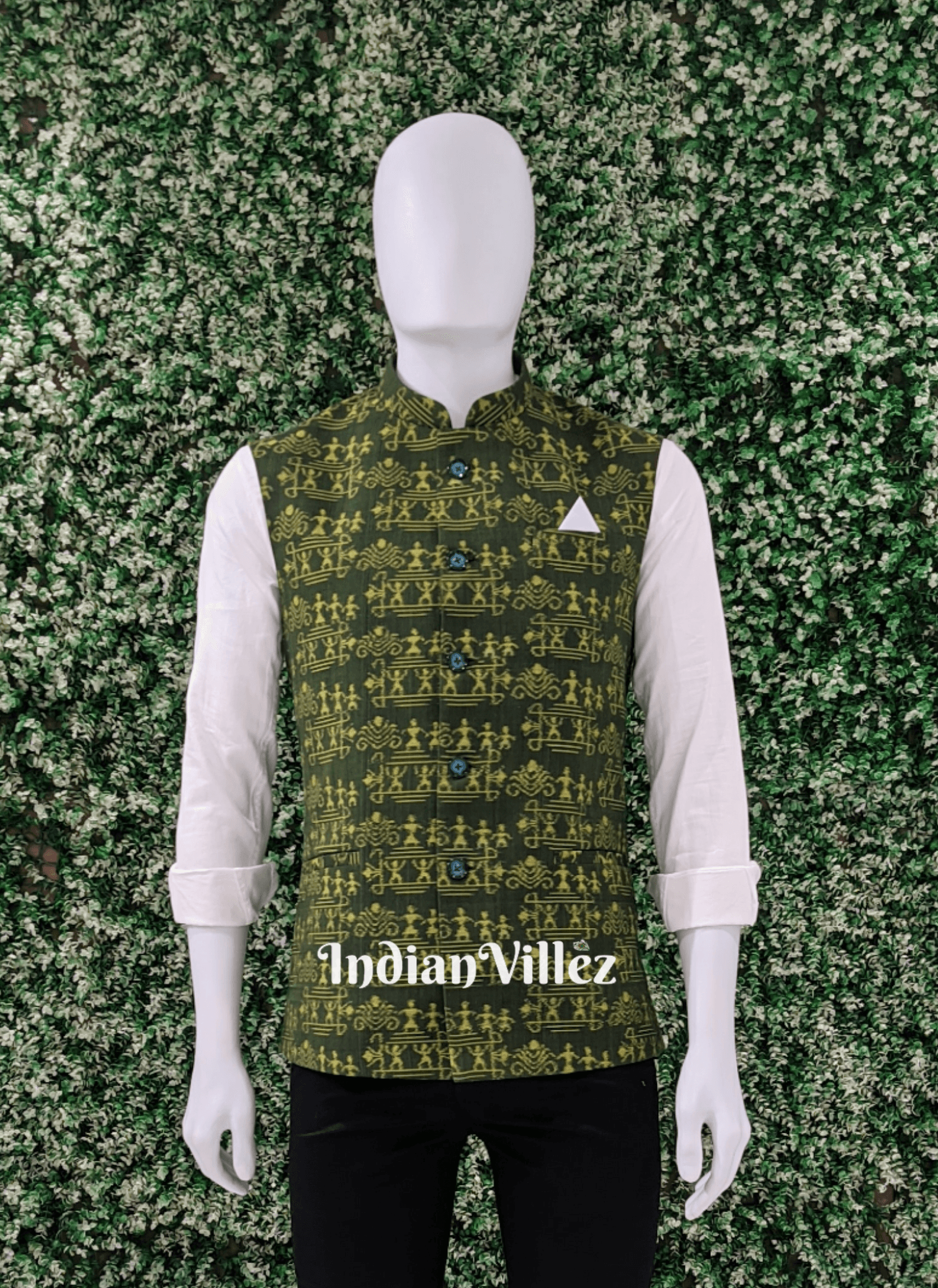 Mehndi Green Tribal Design Cotton Ikat Half Bandi Jacket for Men