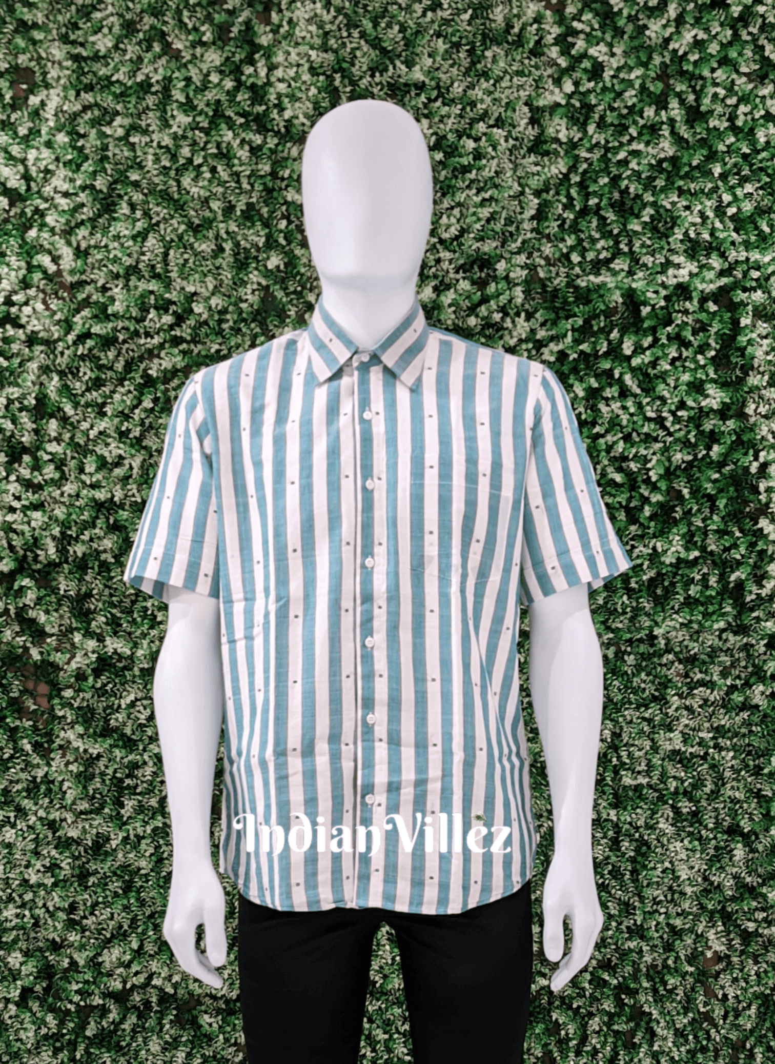 White with Sea Green Stripes Half Shirt for Men