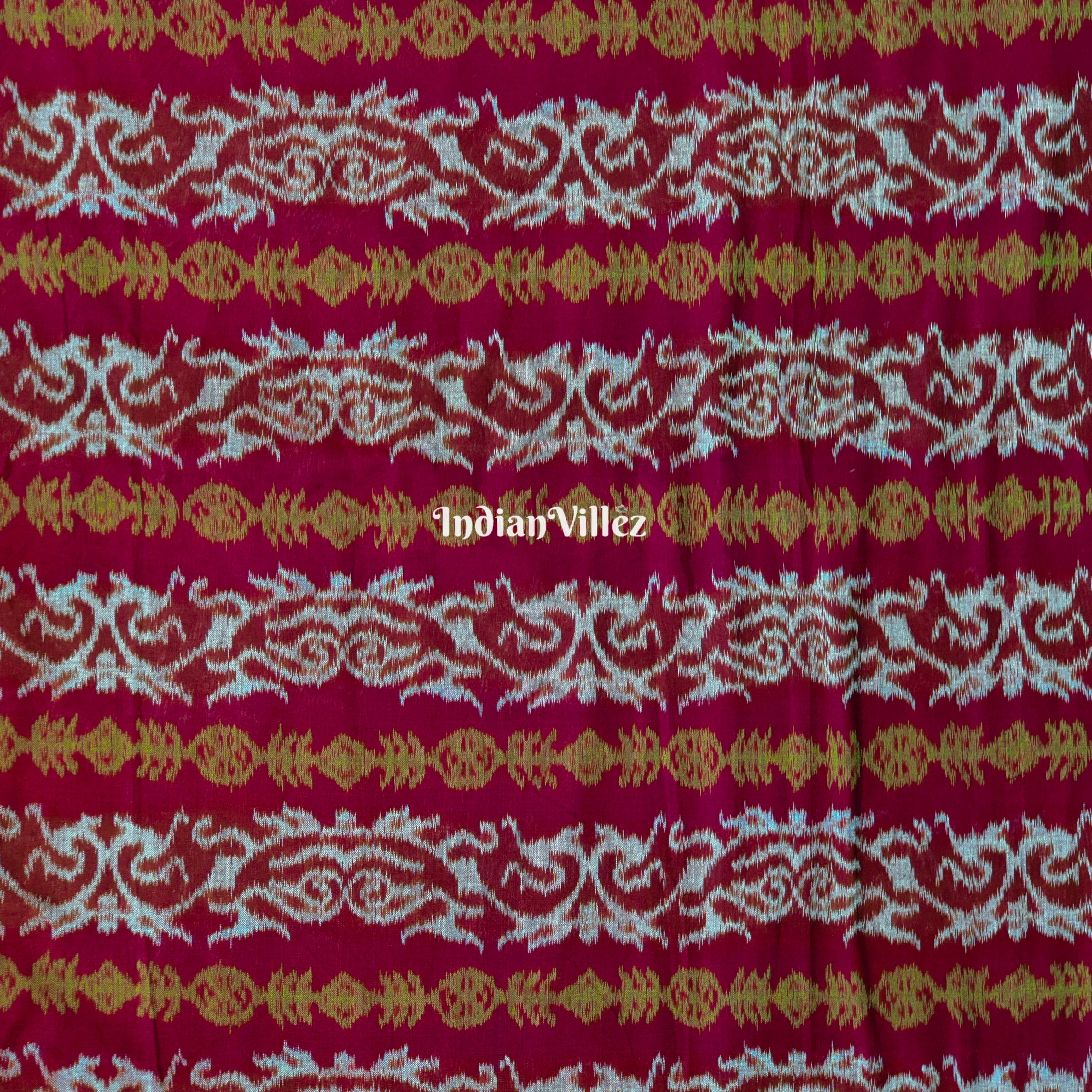 Maroon with White Oriental Motif Cotton Ikat Fabric