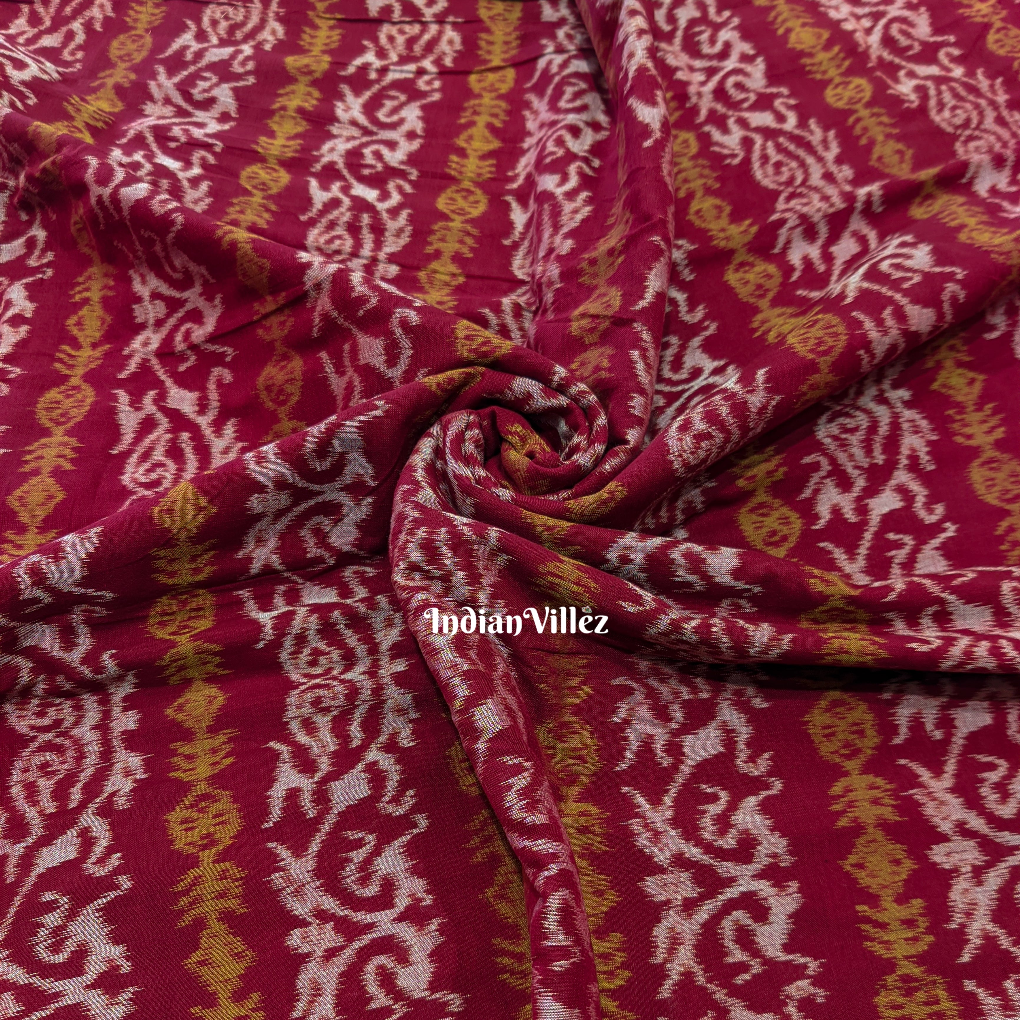Maroon with White Oriental Motif Cotton Ikat Fabric