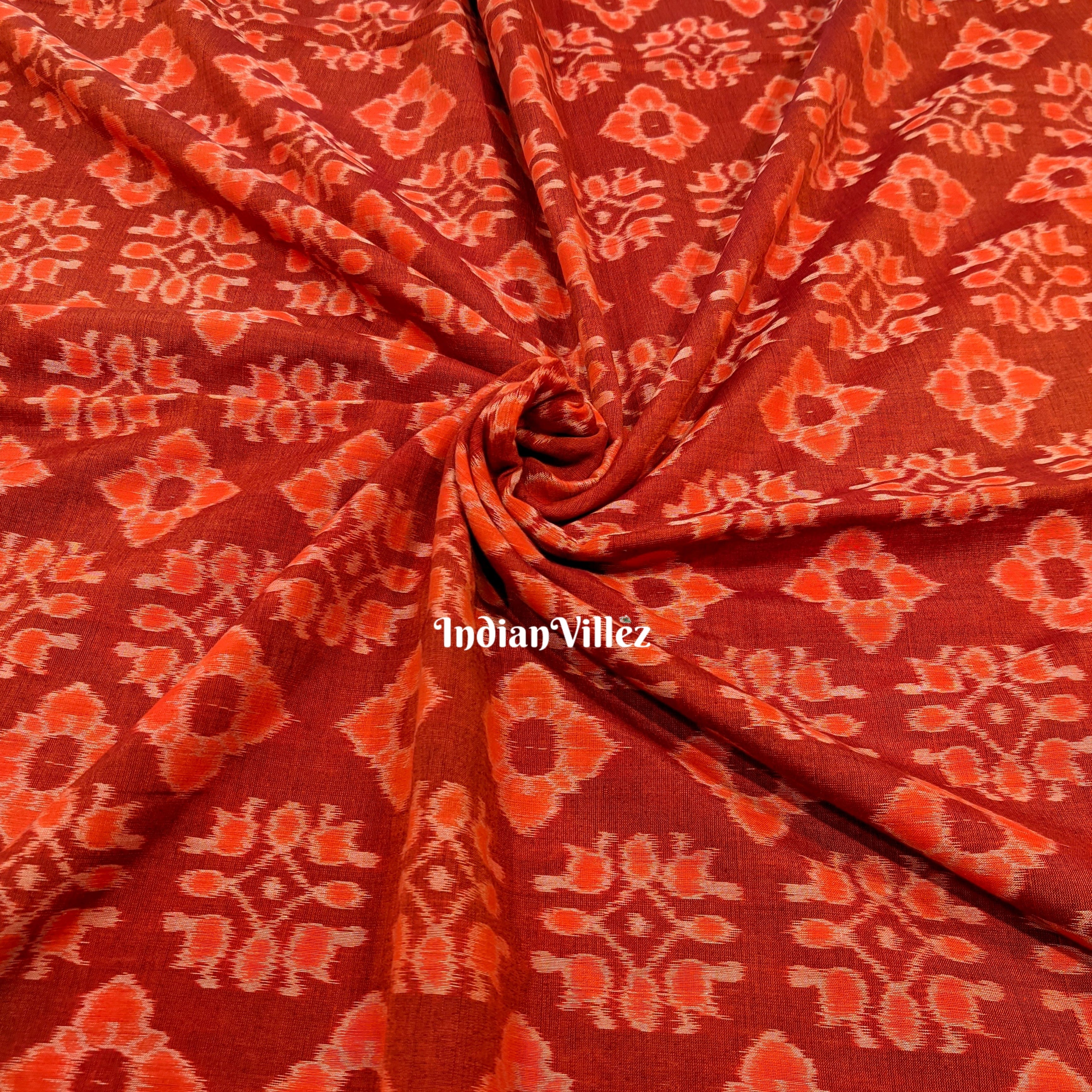 Dark Orange Flowers Odisha Handloom Cotton Ikat Fabric