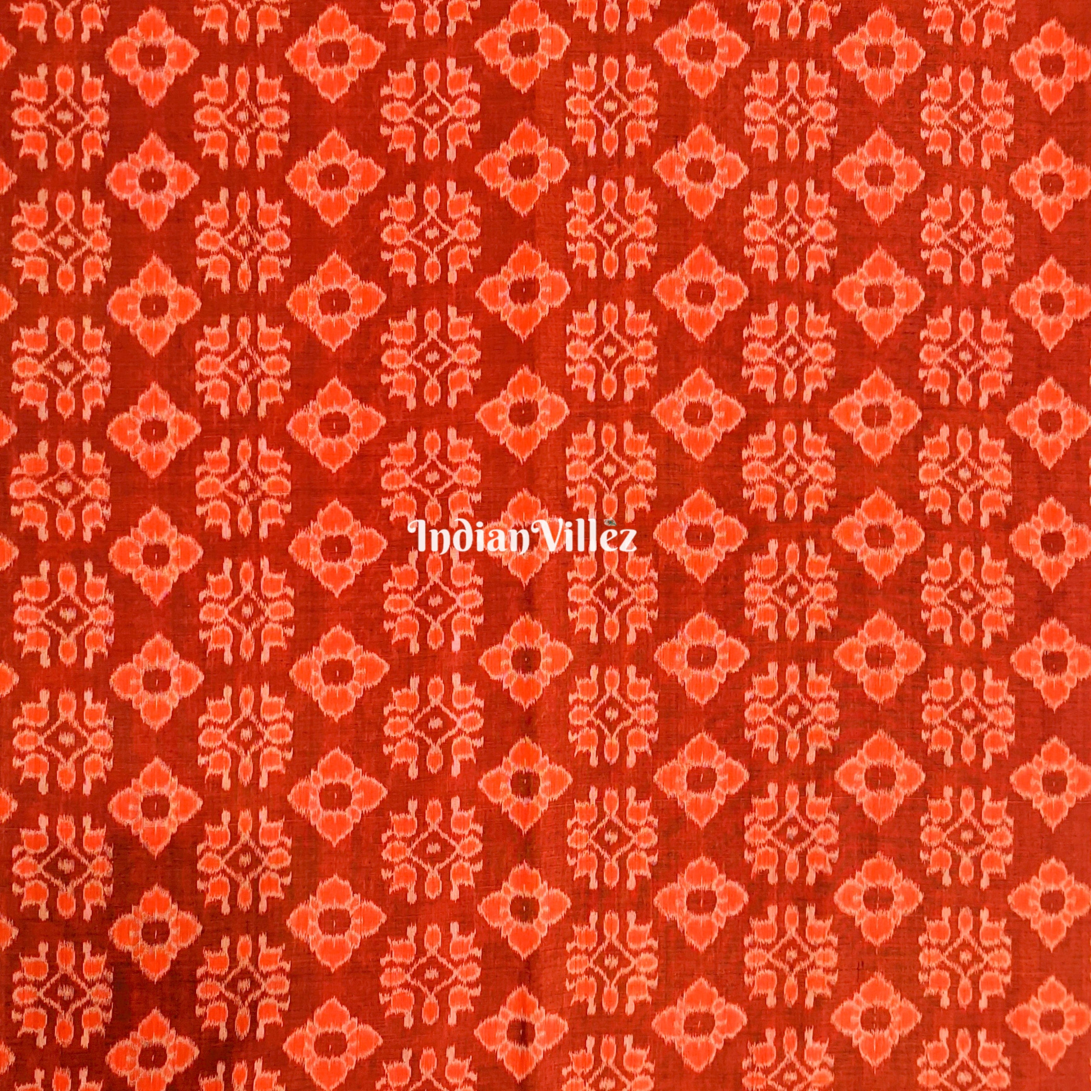 Dark Orange Flowers Odisha Handloom Cotton Ikat Fabric